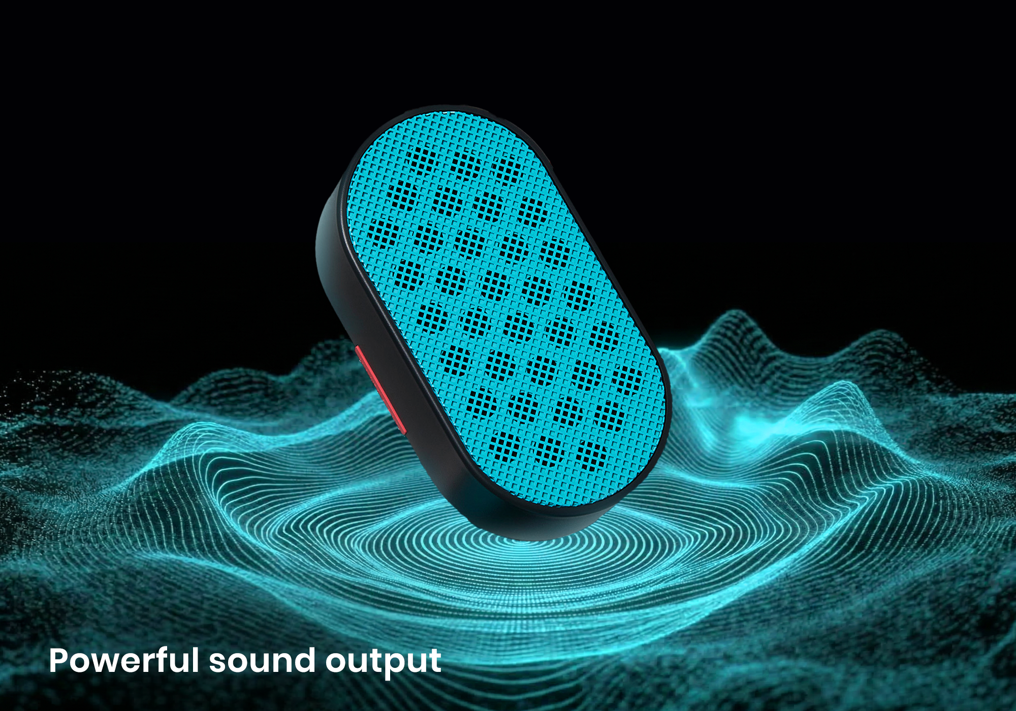 An oval black speaker with a teal grille floating over a digital turquoise soundwave on a black background, with text "Powerful sound output".