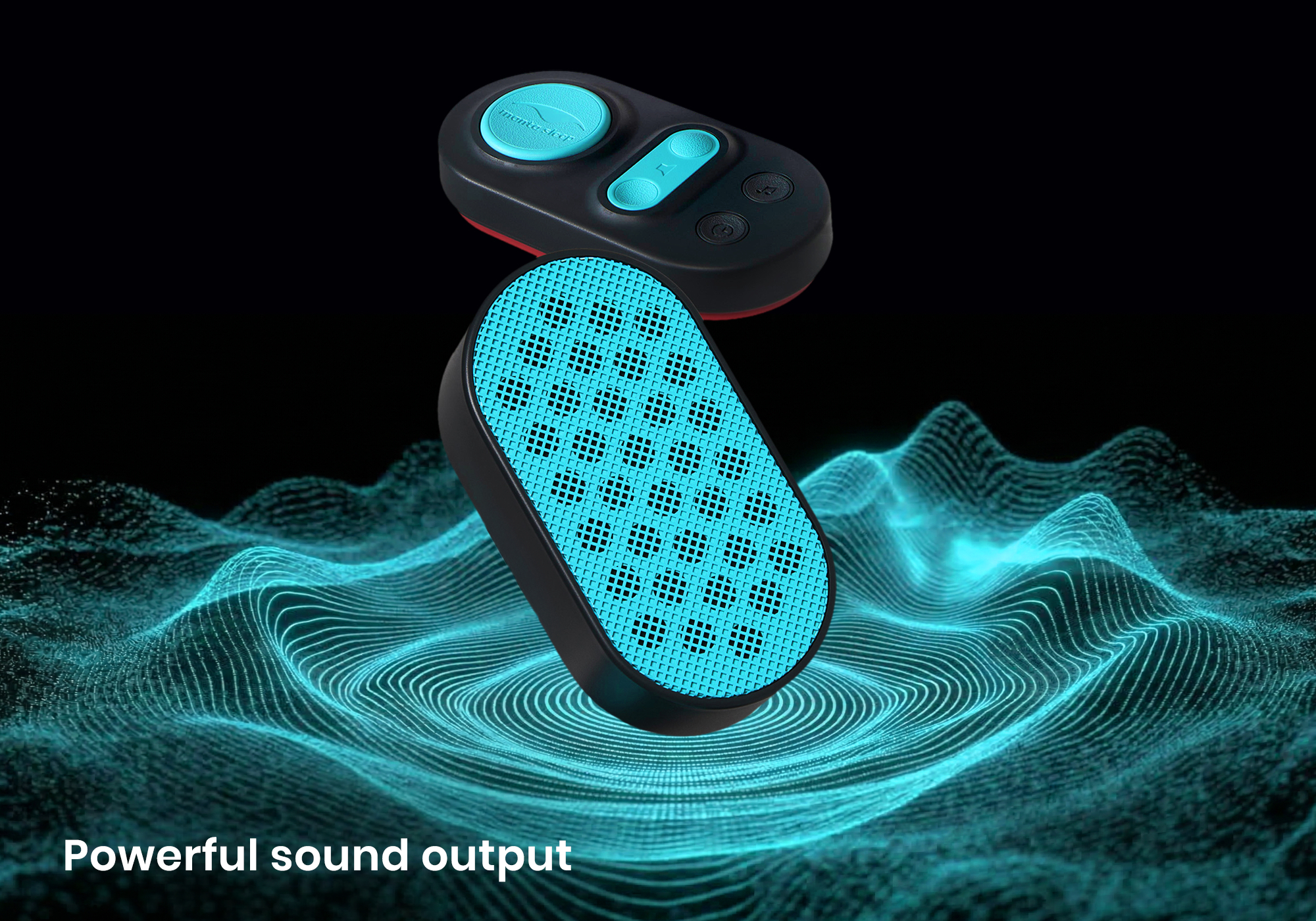 Floating Manta Sleep white noise speaker and control pad above teal soundwave graphics against a black background, with text "Powerful sound output".