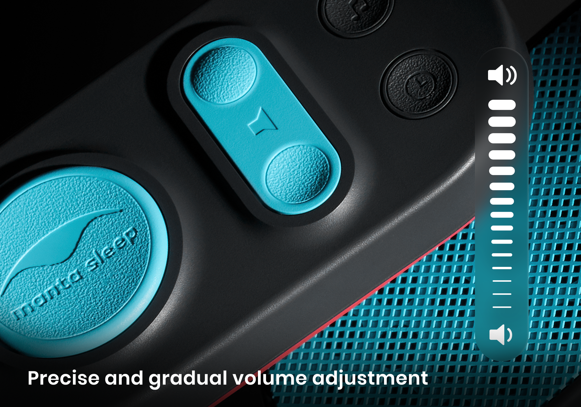 Close-up of a black control pad featuring textured teal buttons and the Manta Sleep logo, alongside a graphic vertical volume bar.