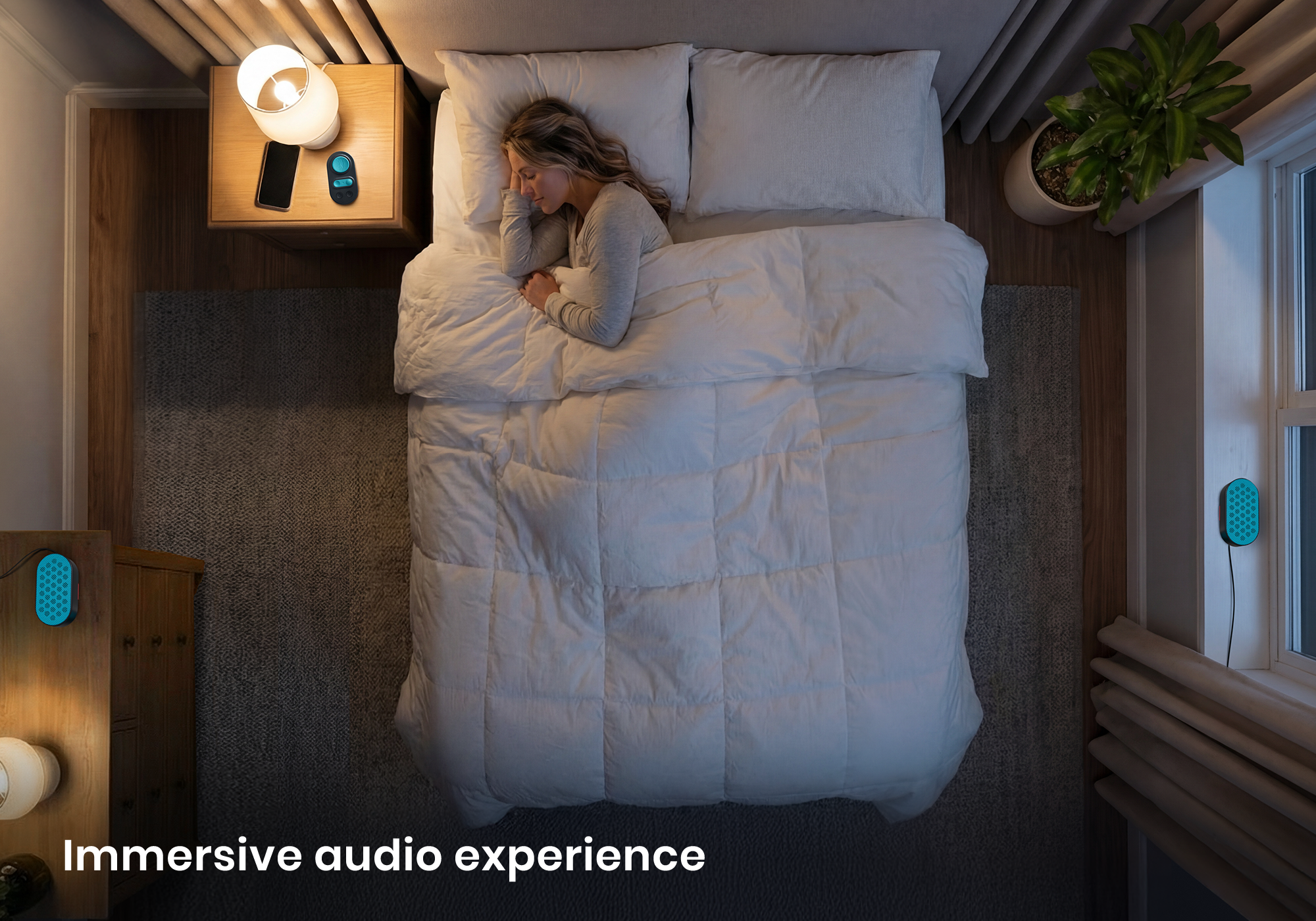 Overhead view of a woman sleeping in bed, flanked by wall-mounted teal speakers and a nightstand controller, with text "Immersive audio experience".