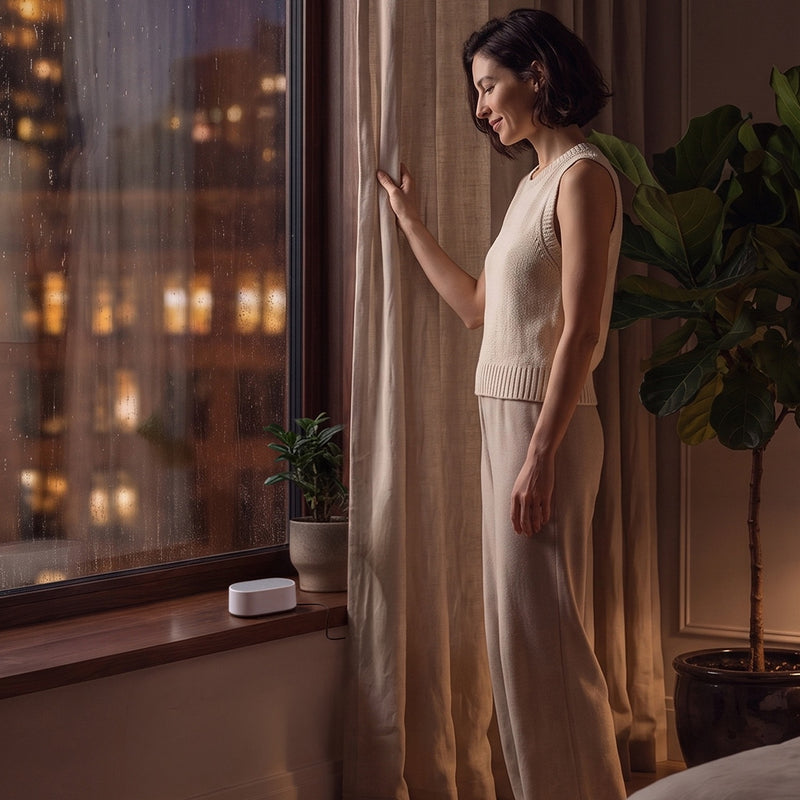 Woman standing by a rain-streaked window opening curtains, near the Manta White Noise Machine in Stone White on the wooden windowsill.