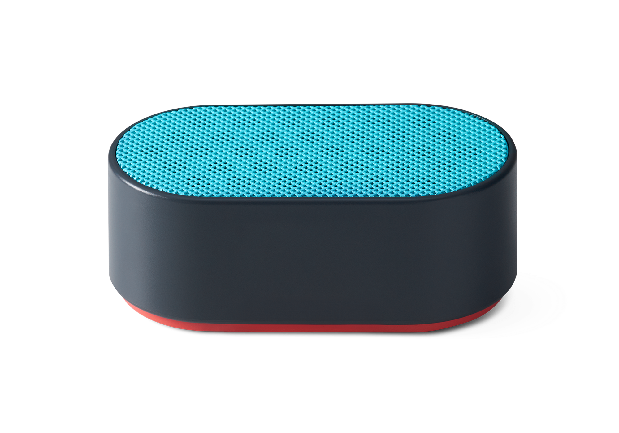 Side profile of the Manta Sleep Booster Speaker, showing its black oval body, red base accent, and textured teal top grille on a crisp white background.