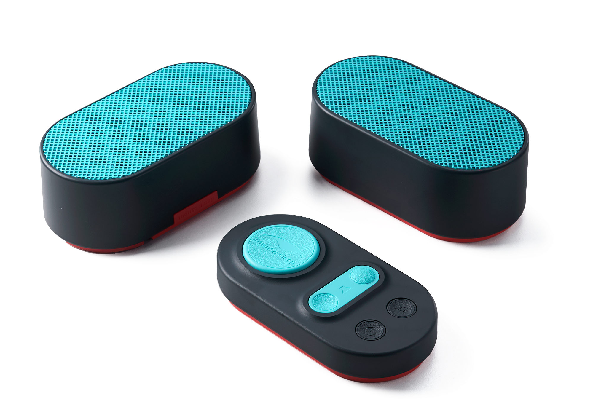 High-angle shot of two oval black white noise speakers with vibrant teal grilles alongside a matching control pad, isolated on a white background.