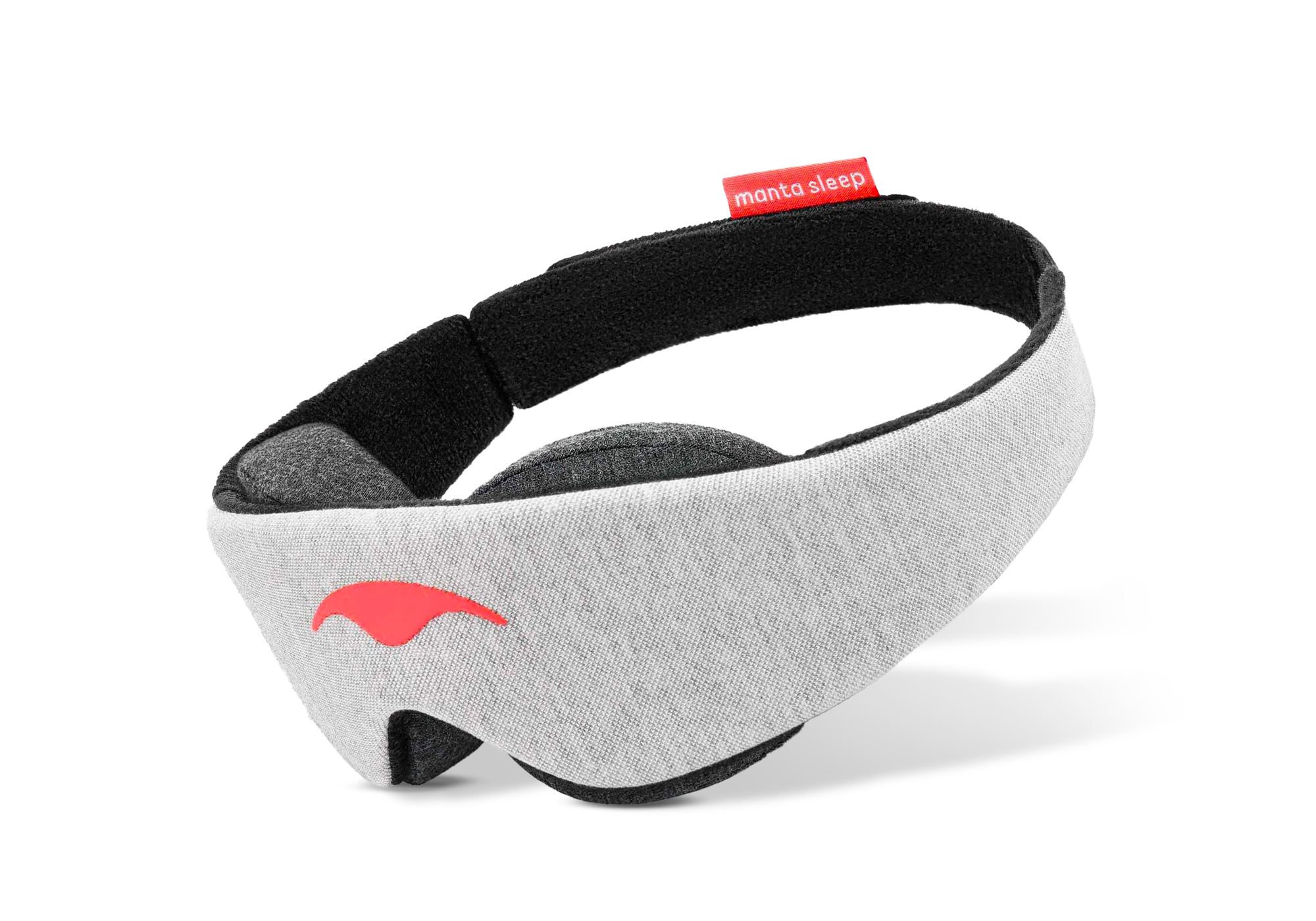 Three-quarter view of a grey Manta Sleep Mask Classic on a white background, featuring a bright red Manta Sleep logo and tag.