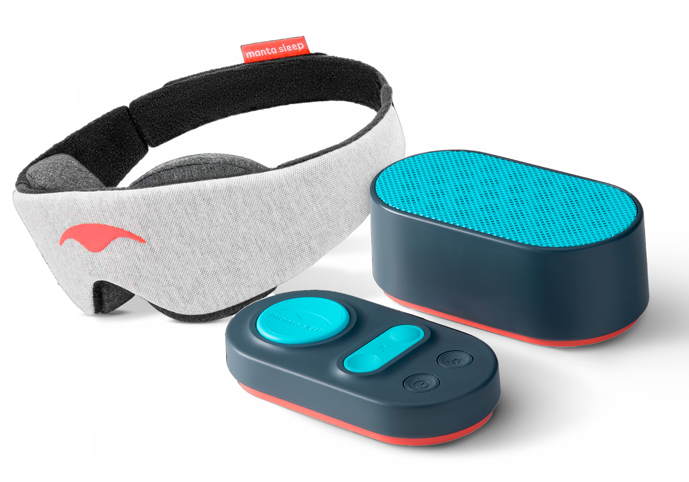 A heather grey Manta Sleep Mask Classic alongside a dark grey and teal Manta White Noise Machine speaker and its matching remote control.