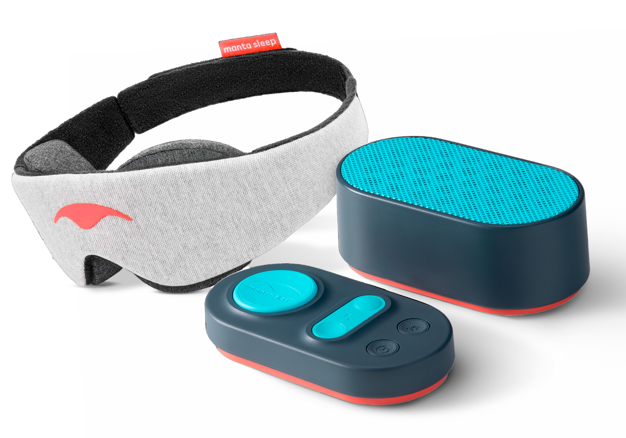 A heather grey Manta Sleep Mask Classic alongside a dark grey and teal Manta White Noise Machine speaker and its matching remote control.