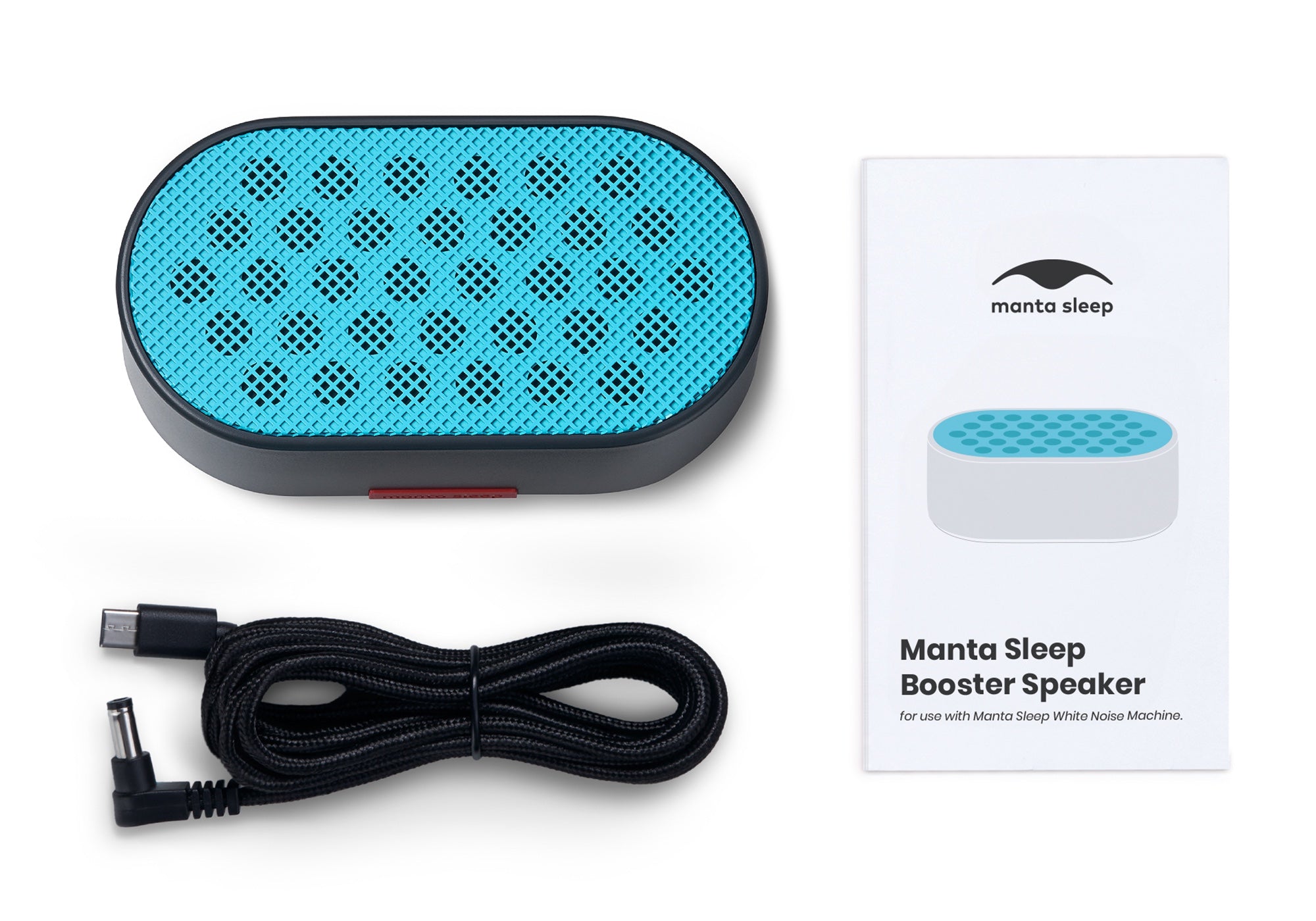 Top-down view of the Manta Sleep Booster Speaker with a teal grille, its black braided power cable, and the user manual, isolated on white.