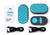 Top-down view of the Manta Sleep White Noise Machine kit including two teal-grille speakers, a controller, two black power cables, and a user manual on white.