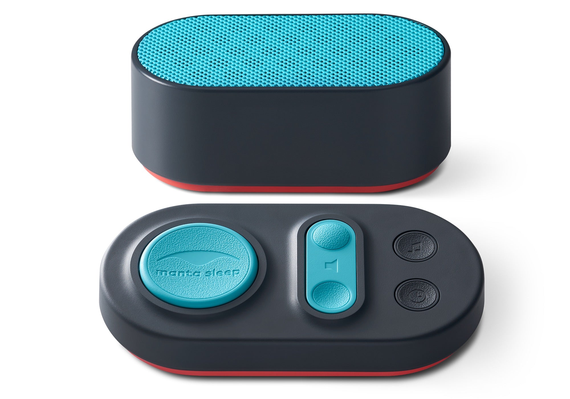 Front view of the oval Manta Sleep white noise speaker with a teal mesh top, paired with its matching teal-buttoned control pad.