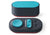 Front view of the oval Manta Sleep white noise speaker with a teal mesh top, paired with its matching teal-buttoned control pad.