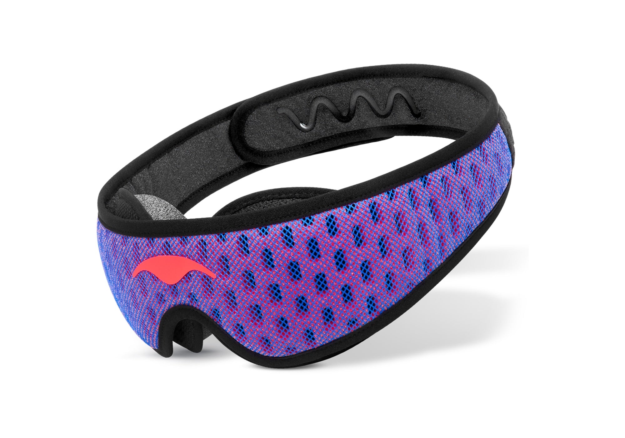 Three-quarter studio shot of the Manta Sleep Mask PRO with a blue and red mesh strap, black borders, and an coral-red Manta Sleep logo.