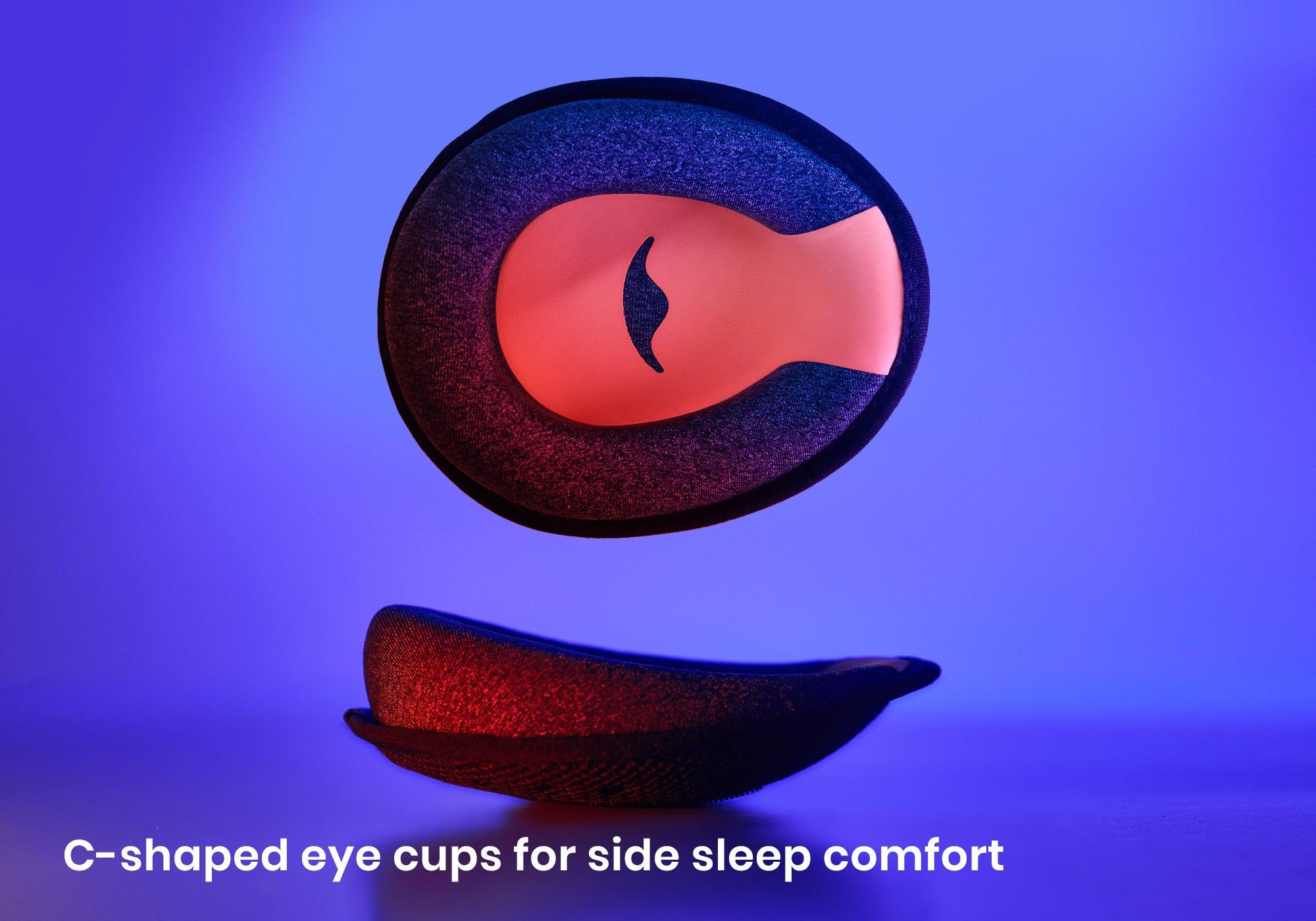 Studio shot showing a single C-shaped grey foam eye cup with a red interior, presented from both a front and a side profile view, captioned "C-shaped eye cups for side sleep comfort".