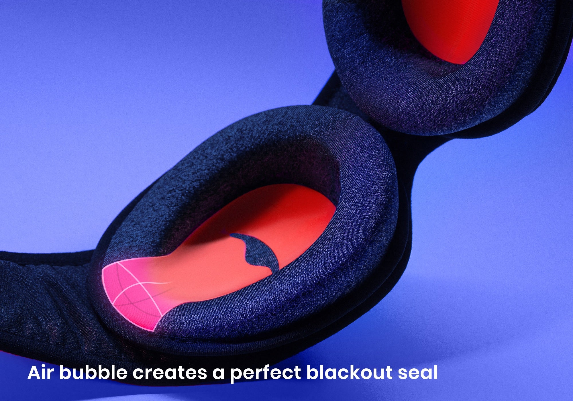 Close-up on the interior of an eye cup, with a pink highlighted overlay showing the tapered edge designed for side sleepers, captioned "Air bubble creates a perfect blackout seal".