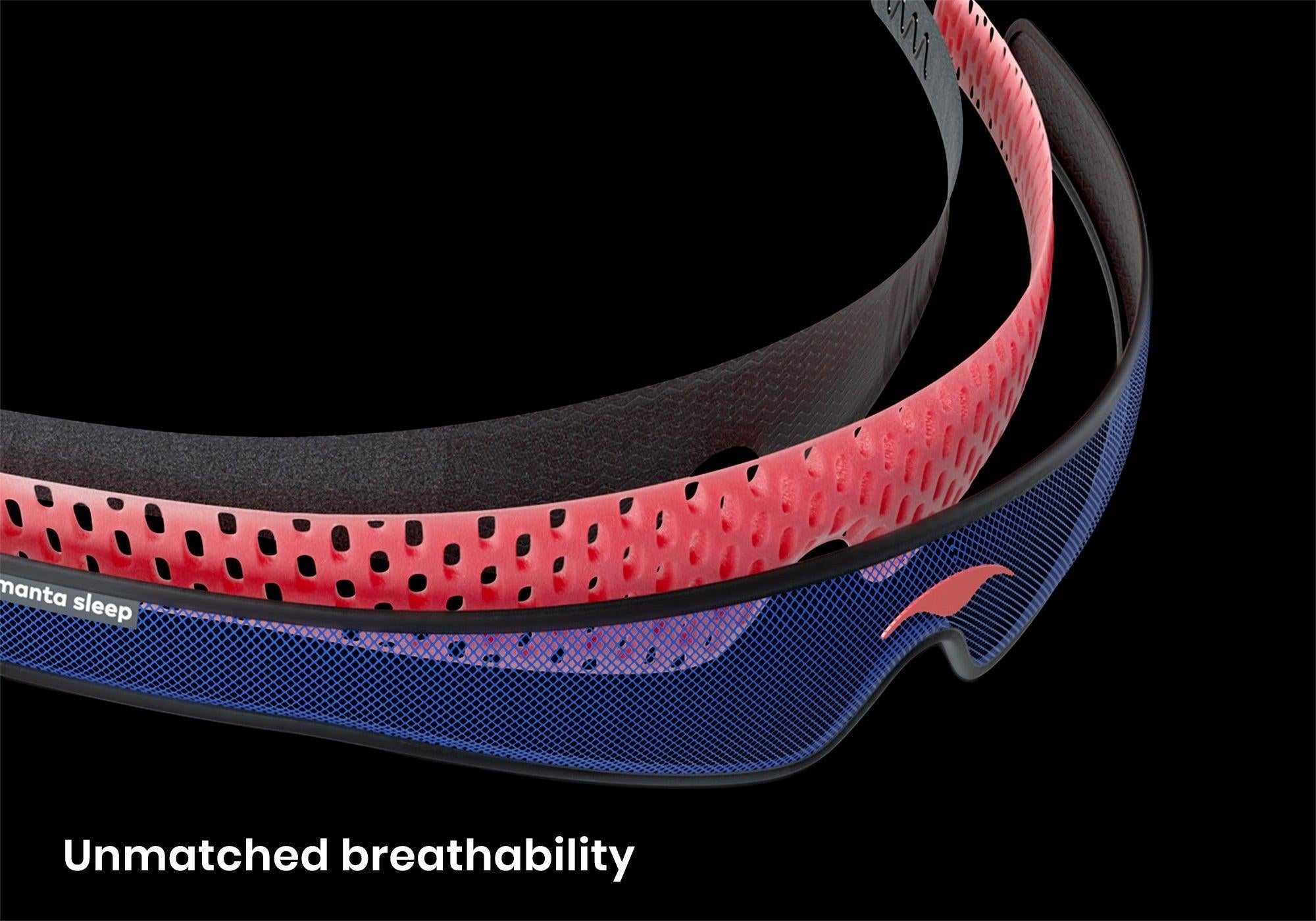 Exploded 3D diagram showing the layered construction of the head strap, including outer mesh, perforated foam, and inner lining, with caption "Unmatched breathability".