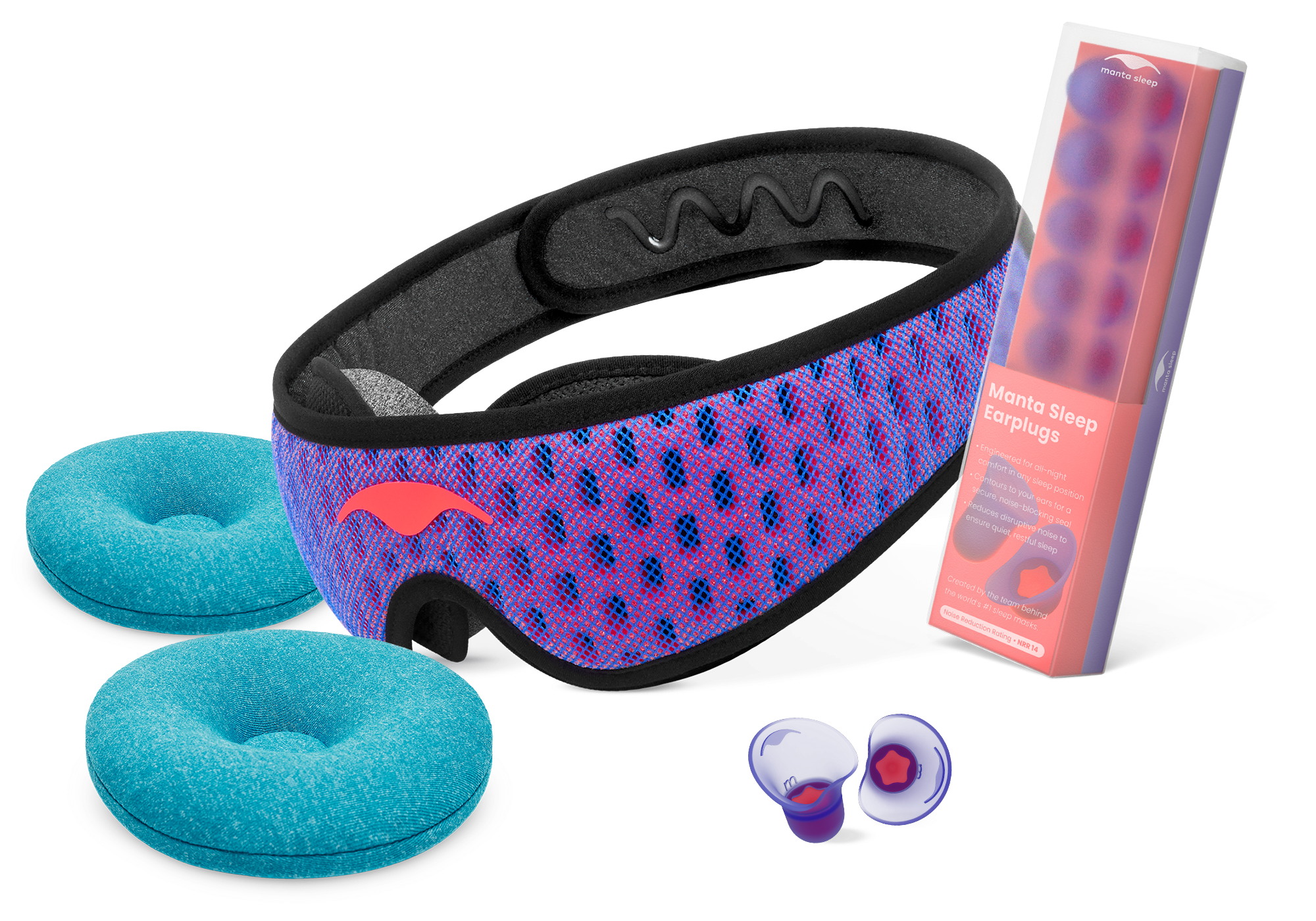 The Wake Up Ready Bundle, featuring a purple Manta PRO Sleep Mask, two teal Manta COOL Eye Cups, and a box of Manta Sleep Earplugs.