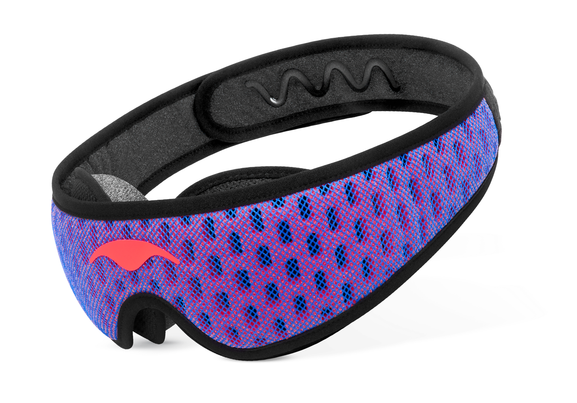 Three-quarter studio shot of the Manta Sleep Mask PRO with a blue and red mesh strap, black borders, and an coral-red Manta Sleep logo.