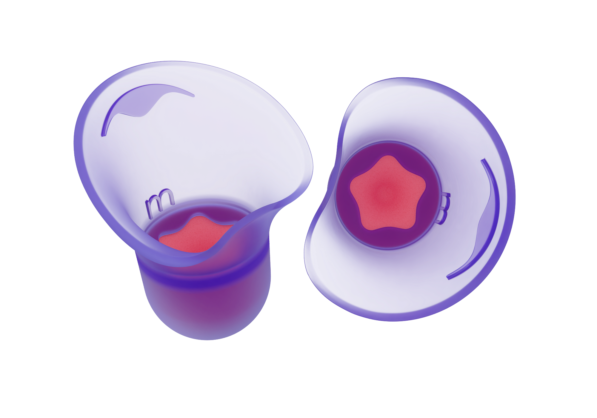 Pair of purple silicone earplugs showing the "m" size indicator and pink star-shaped foam cores inside, isolated on white.