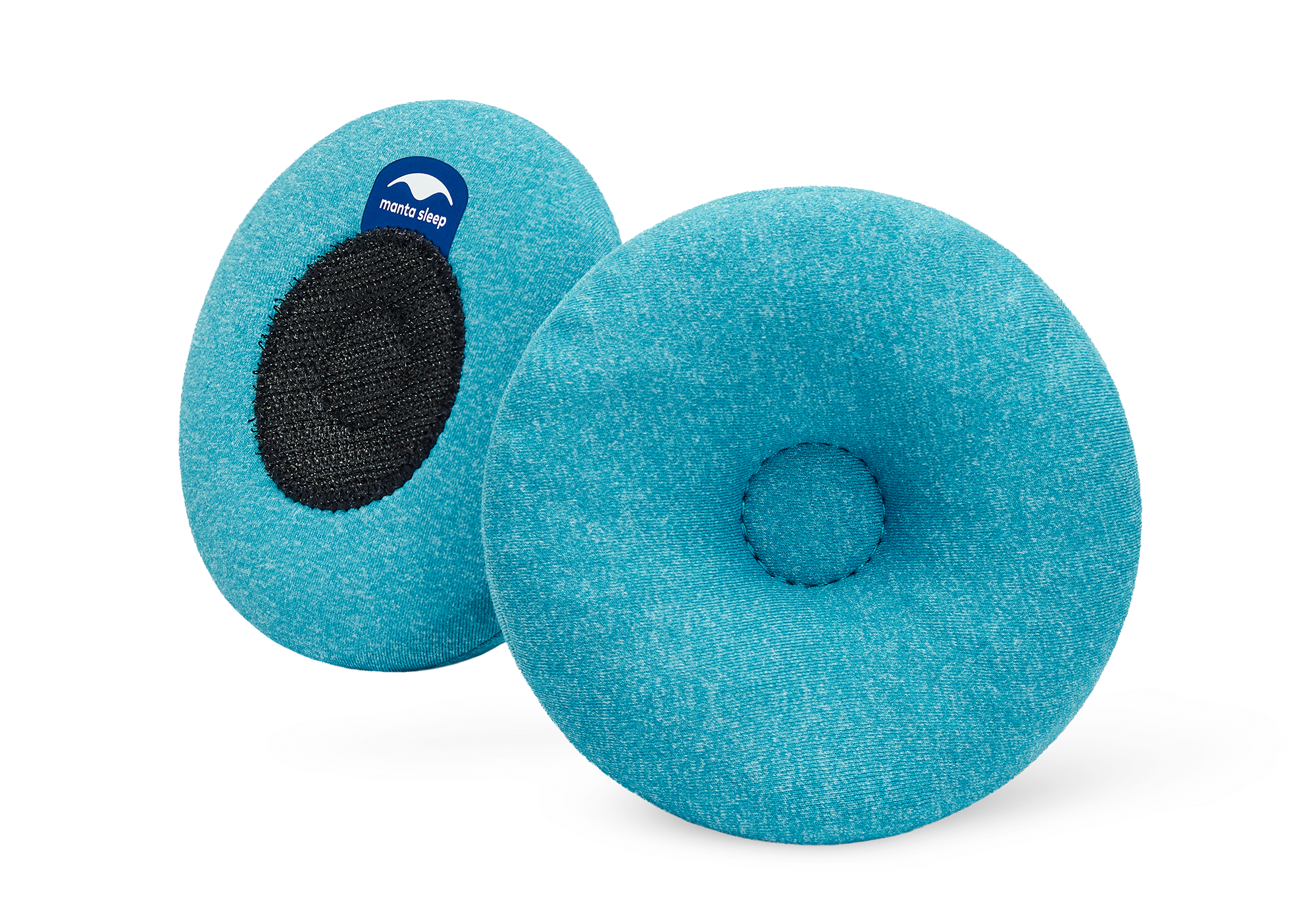 Pair of round blue-teal Manta COOL Eye Cups, showing both the indented front side and the black hook-and-loop back side on white.