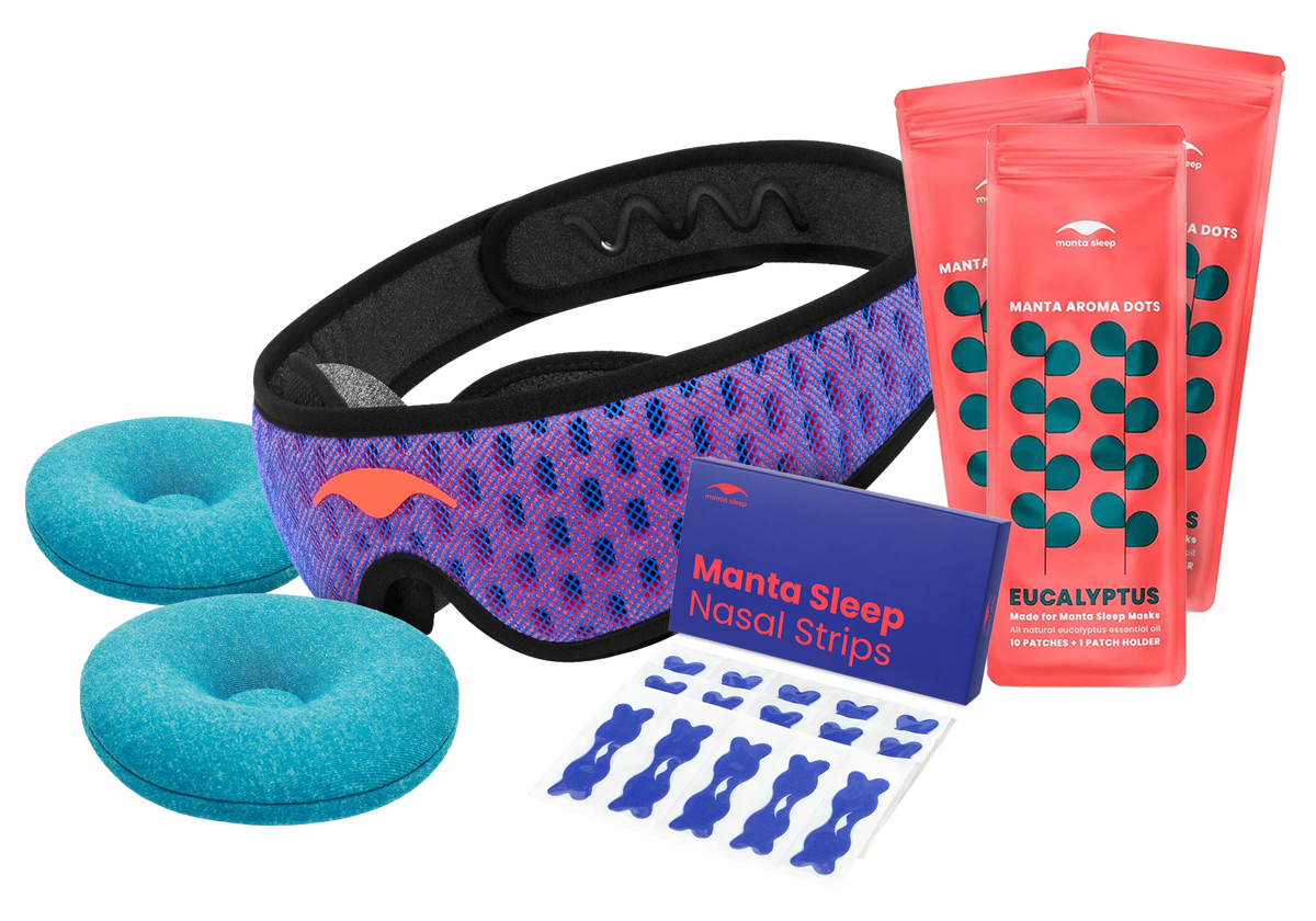 Breathe Easy Bundle containing classic blue and red Manta PRO Sleep Mask, teal Manta COOL Eye Cups, blue Manta Nasal Strips and three packs of Manta Aroma Dots with Eucalyptus scent.
