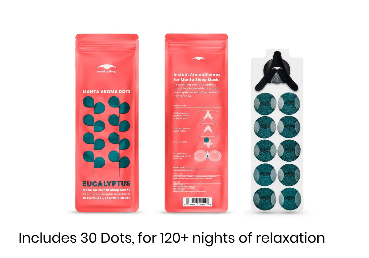 The front and back of a coral Eucalyptus Manta Aroma Dots packet displayed alongside a clear sheet containing 10 dark teal patches and a black holder, on white, with text: "Includes 30 Dots, for 120+ nights of relaxation".