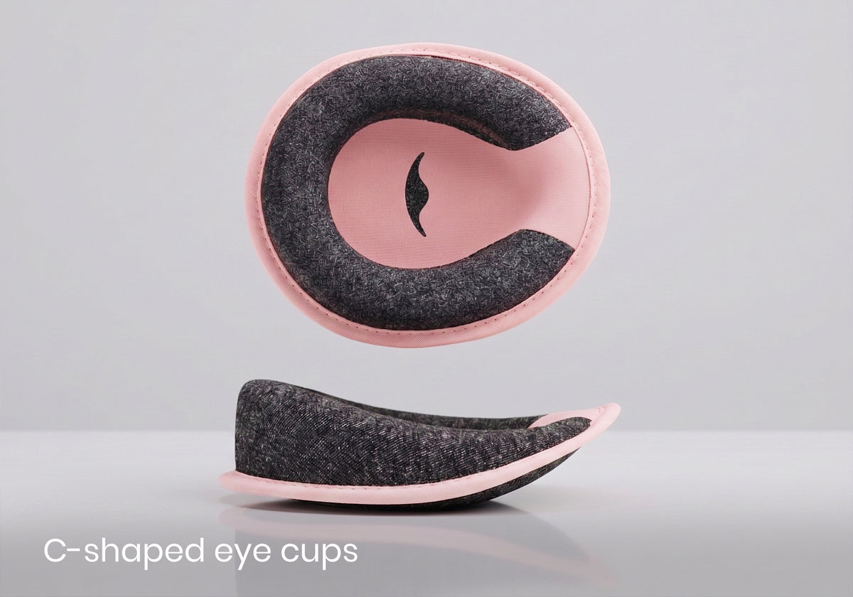 Front and side view of C-shaped eye cups in pink with dark grey interior lining with text "C-shaped eye cups".