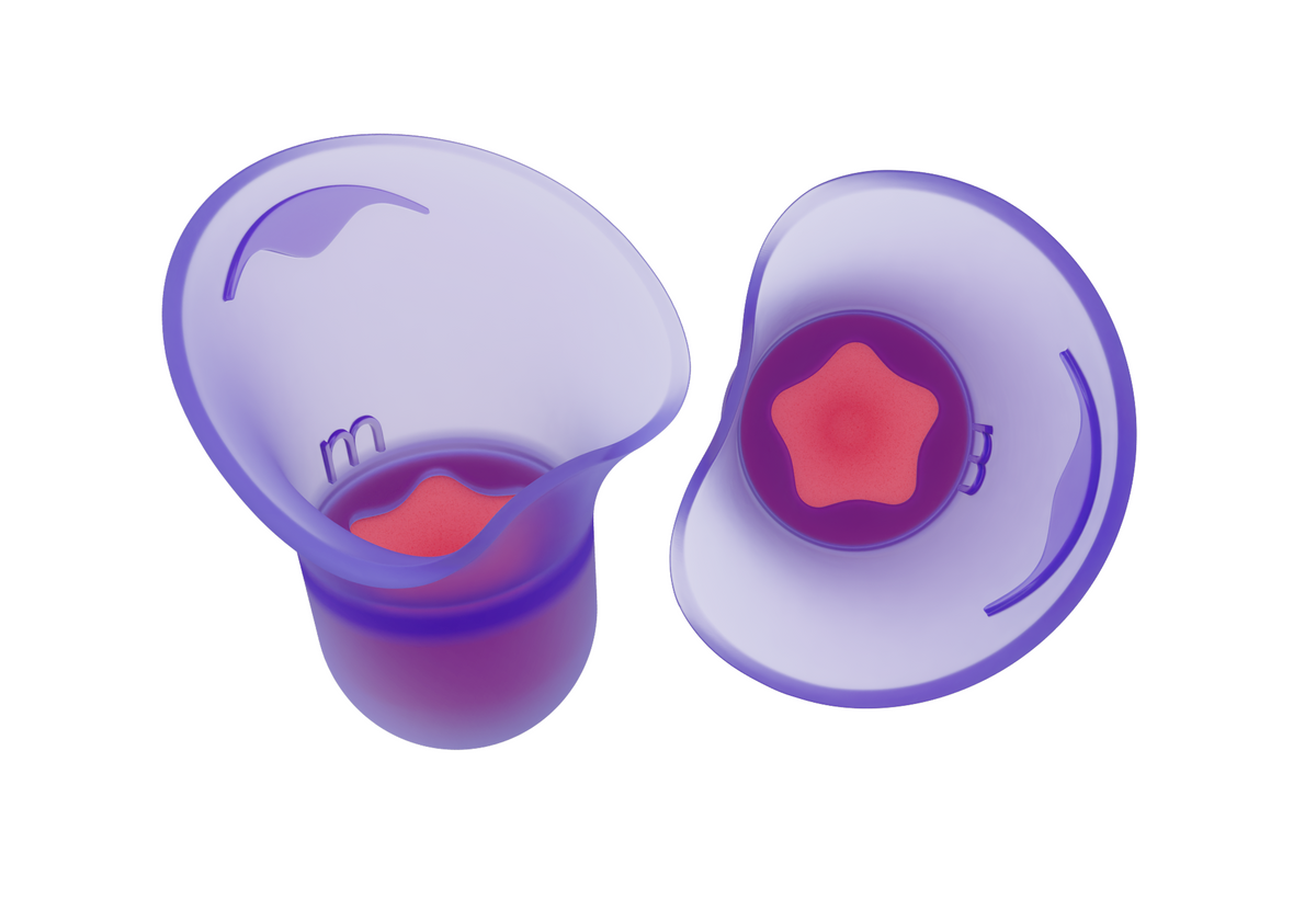 Pair of purple silicone earplugs showing the "m" size indicator and pink star-shaped foam cores inside, isolated on white.