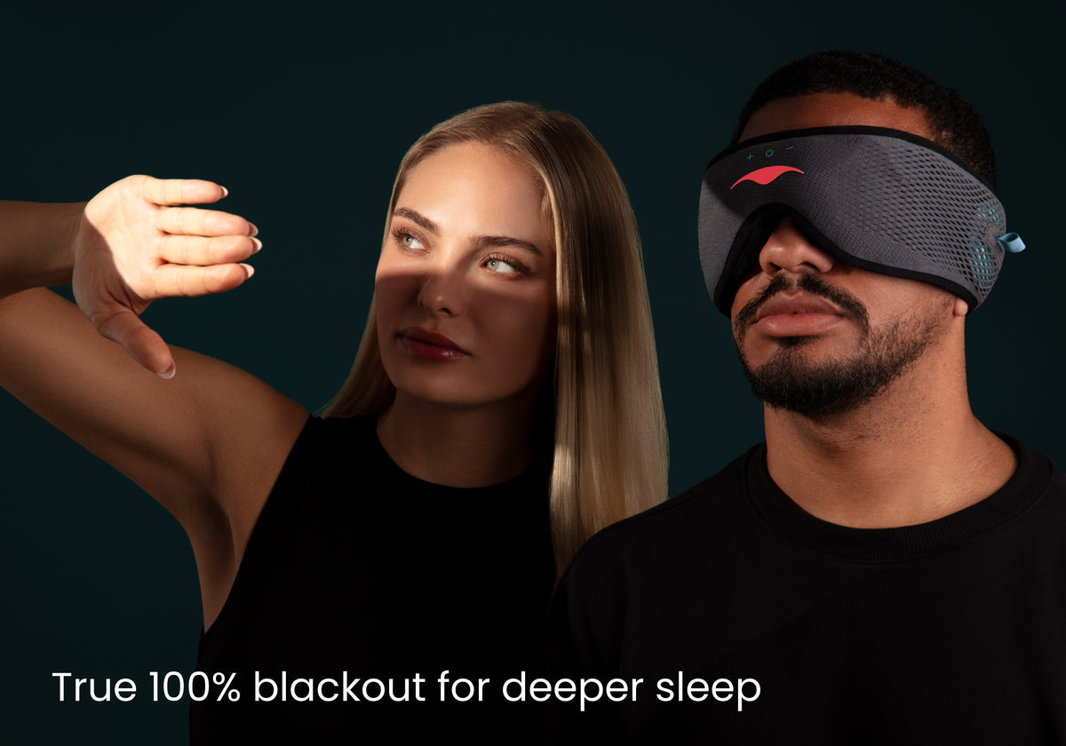 A man wearing a Manta SOUND Sleep Mask next to a woman shielding her eyes from bright light. Text reads: True 100% blackout for deeper sleep.