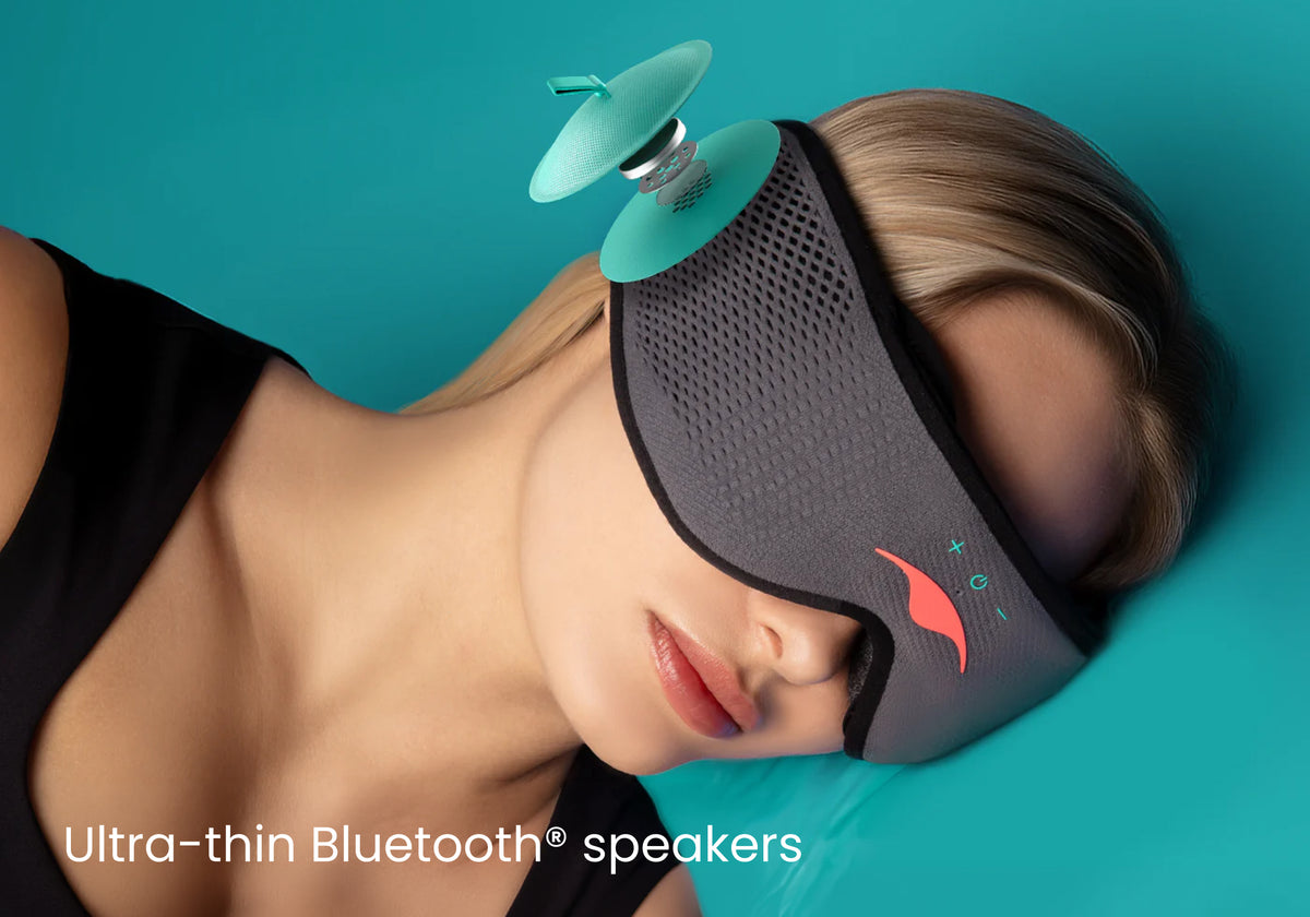 Side view of a woman wearing the Manta SOUND Sleep Mask with an exploded view showing the thin Bluetooth speaker layer. Text: Ultra-thin Bluetooth speakers.