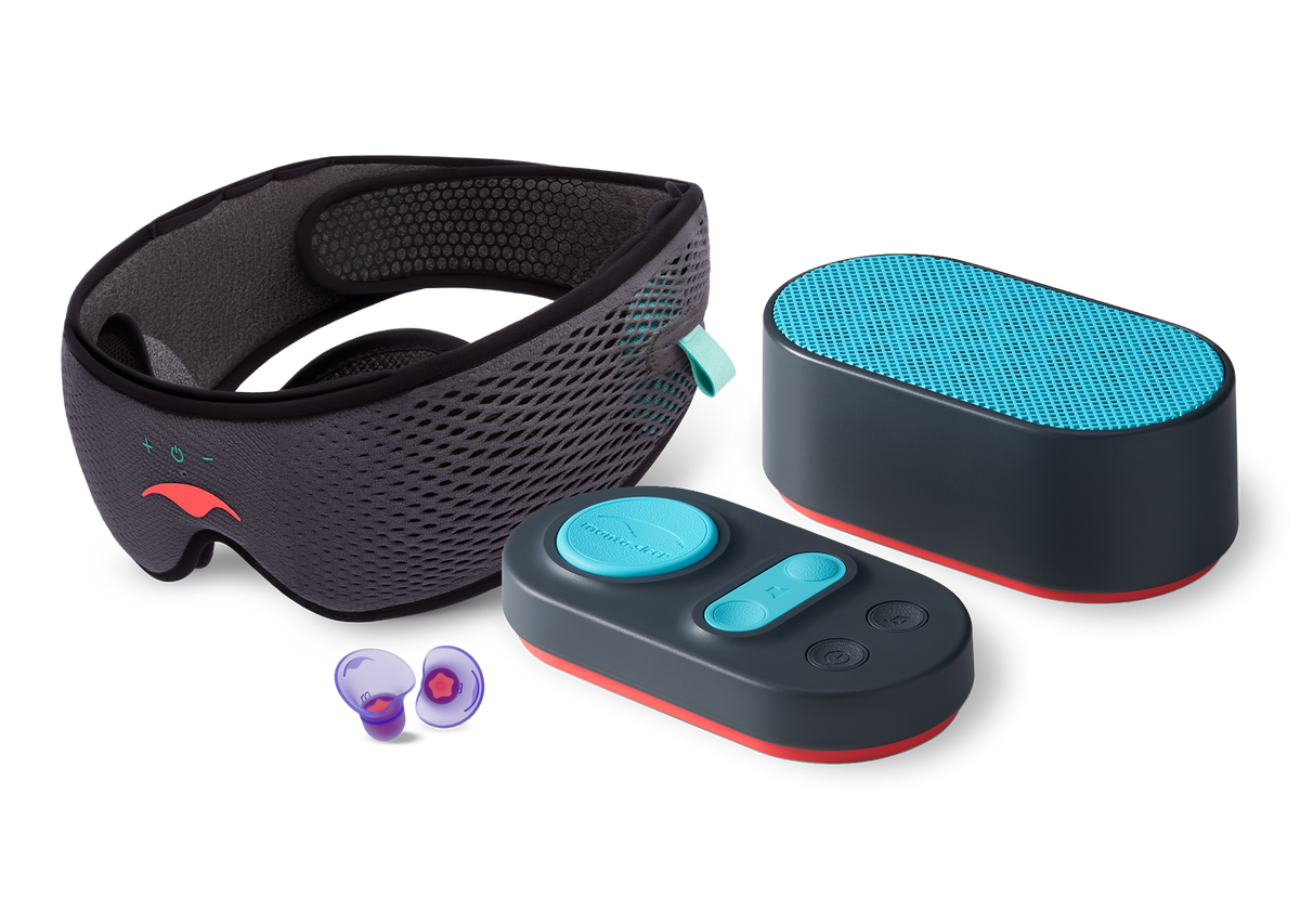 Manta SOUND mask, purple earplugs, and black and teal white noise machine with wireless remote.