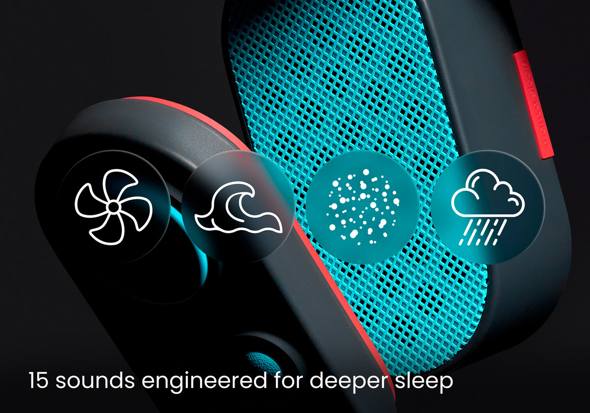 Black and teal speaker with sound icons overlay. Text reads: 15 sounds engineered for deeper sleep.