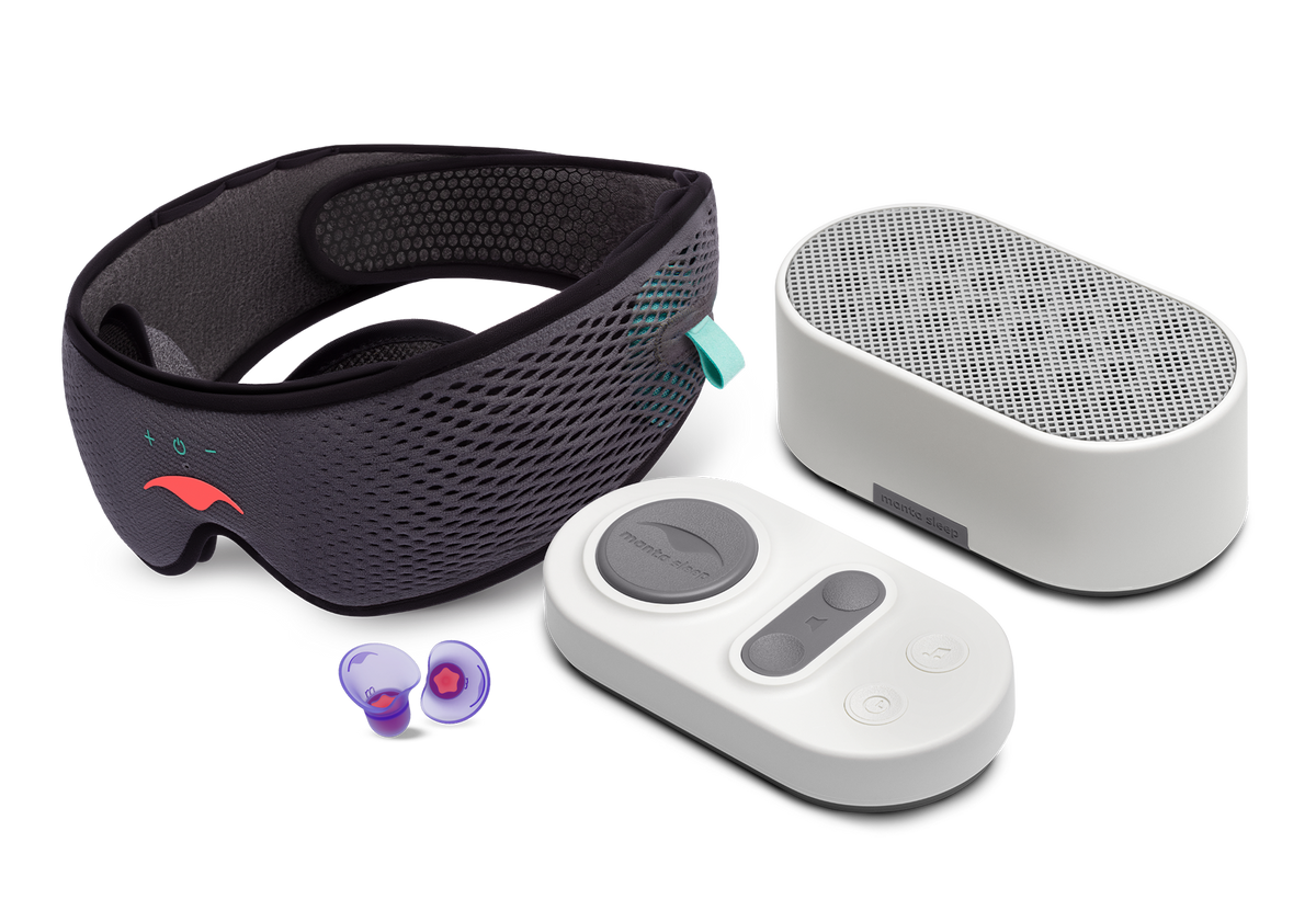 Manta SOUND mask, purple earplugs, and Stone White white noise machine with wireless remote on a white background.