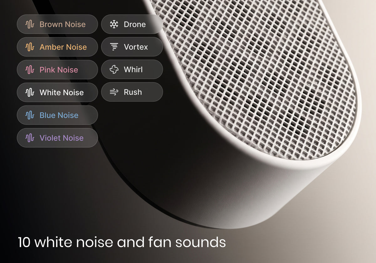 Close-up of the Stone White speaker with listed noise options. Text: 10 white noise and fan sounds.