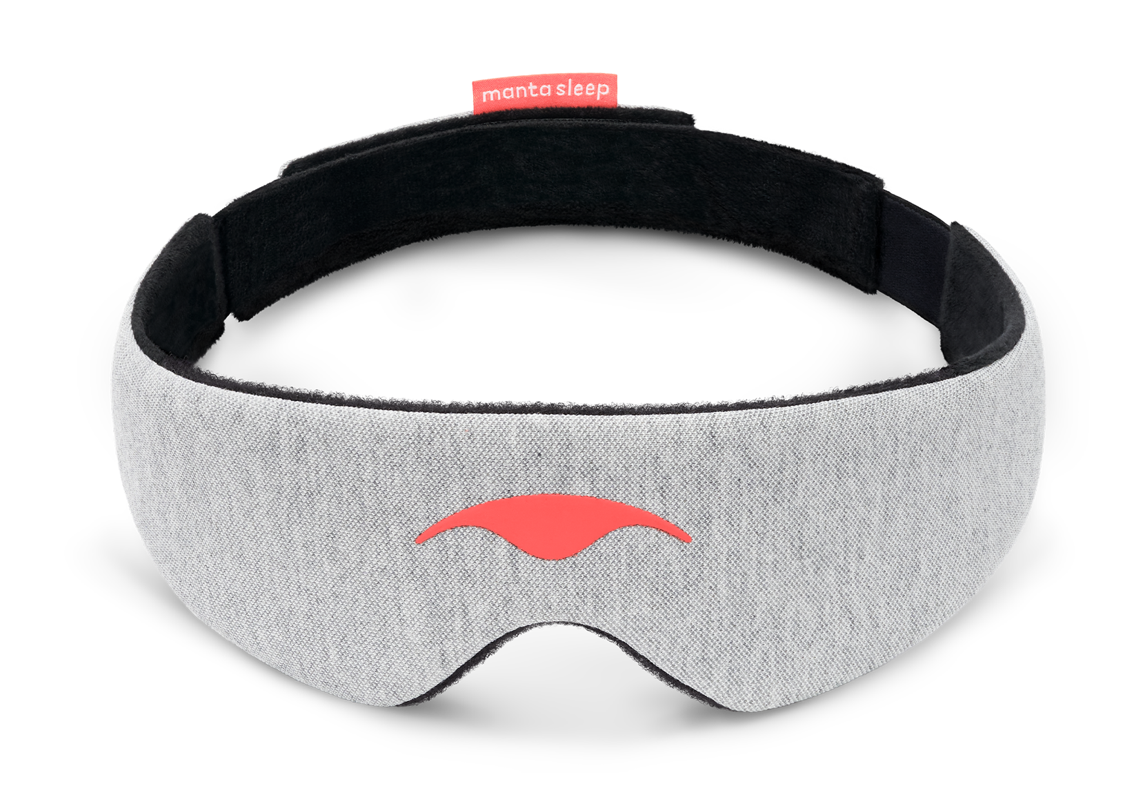 Front view of the circular grey Manta ORIGINAL Head Strap with a coral logo on the front and a red brand tag on the back loop.
