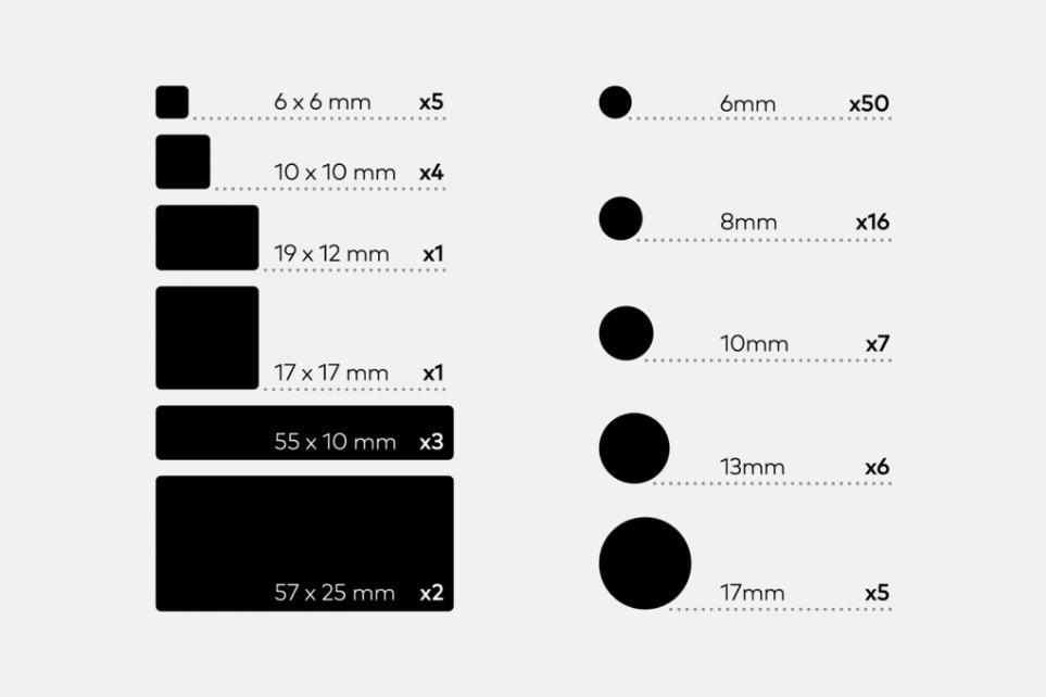 Dimension chart detailing the sizes and quantities of the square, rectangular, and circular black light blocking stickers.