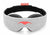 Front view of the Manta Sleep Mask in a circular, freestanding position against a white background. The main body is made of a light gray heathered knit fabric with a smooth, coral-red Manta Sleep logo printed in the center, contrasted by a black interior lining and a small coral brand tag at the back.