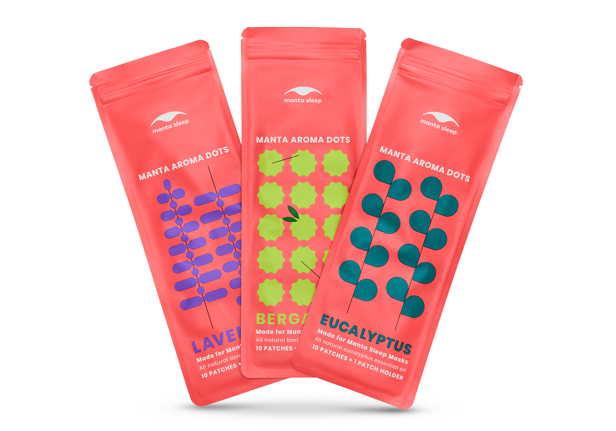 Three coral-red Manta Aroma Dots packets for Lavender, Bergamot, and Eucalyptus scents arranged in a fan shape, isolated on white.