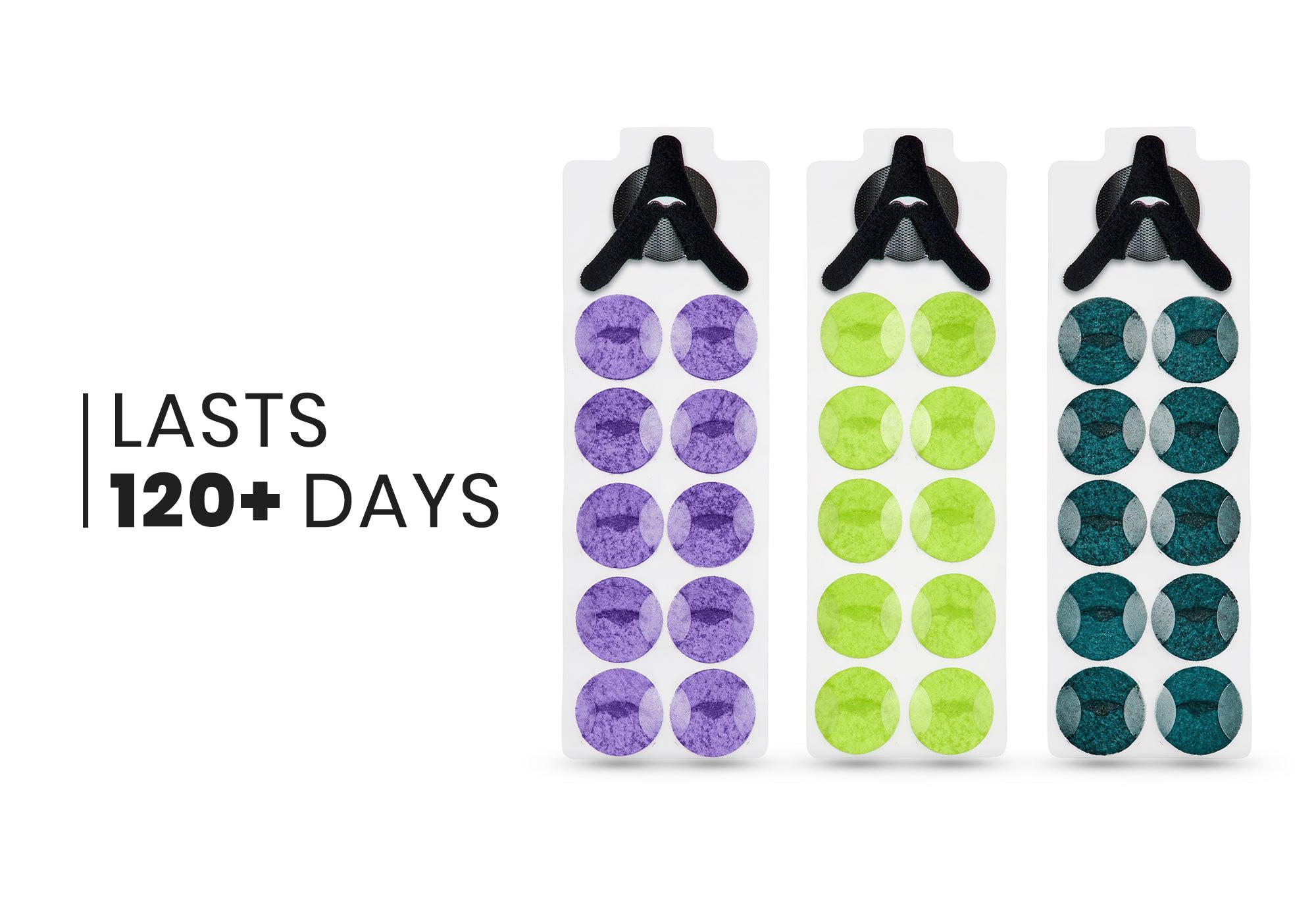 hree clear sheets of purple, lime green, and dark teal felt aromatherapy patches with holders, captioned "Lasts 120+ days".