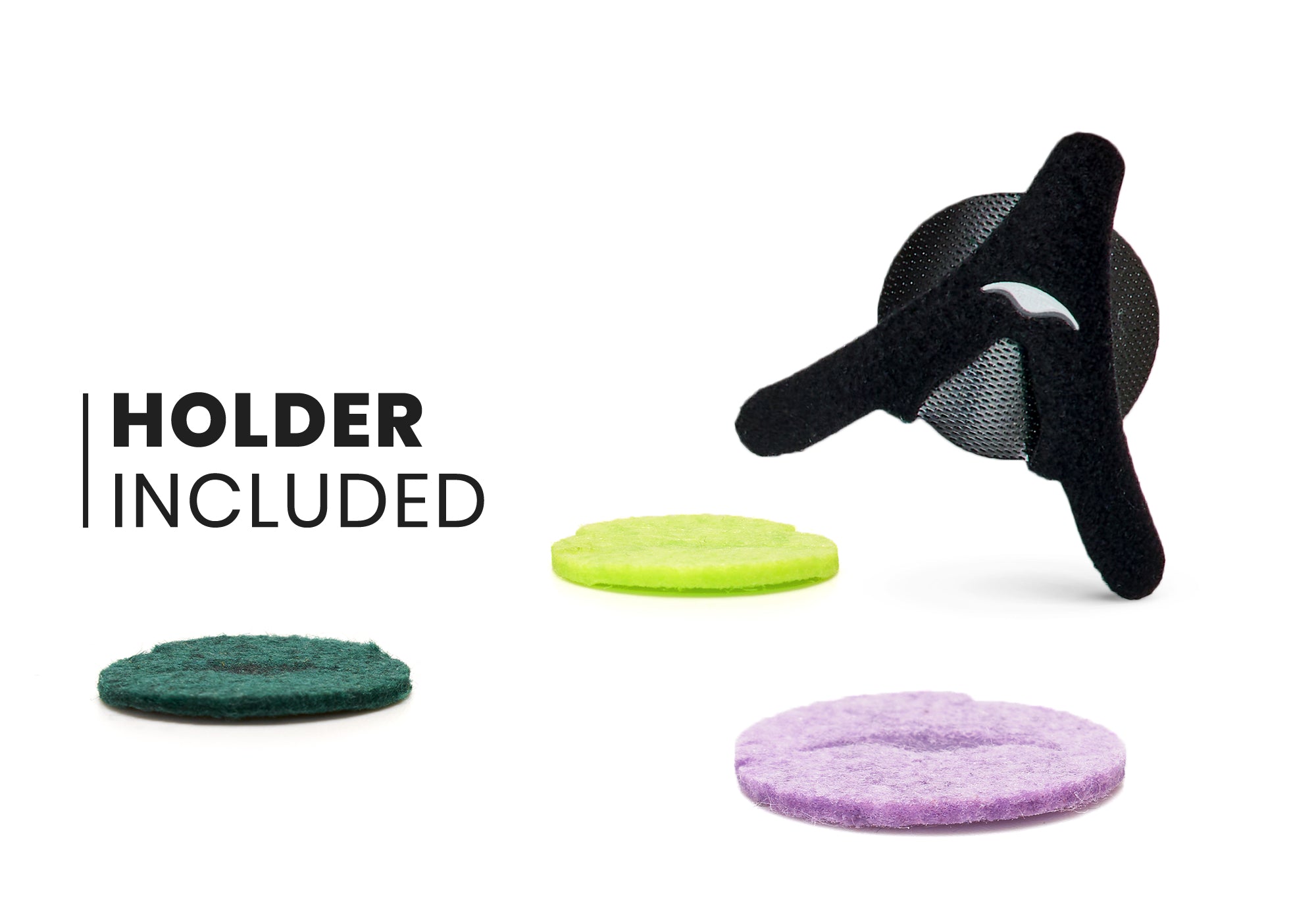 Three colorful felt aromatherapy discs displayed next to a black three-pronged patch holder, captioned "Holder included".