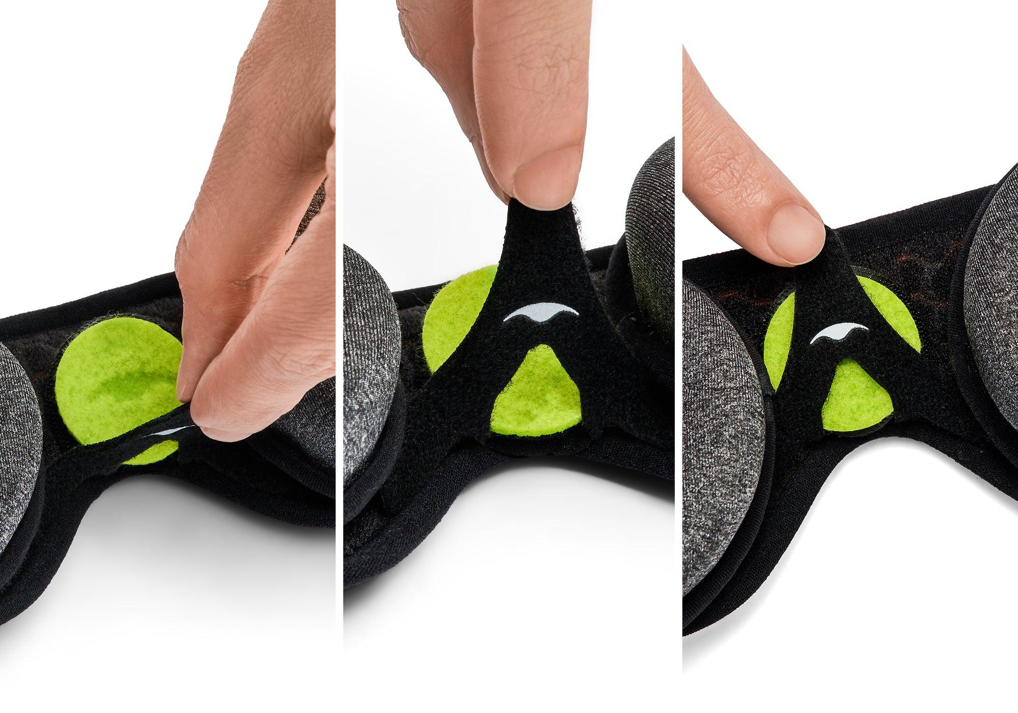 Three-step diagram demonstrating how to place a round lime green aroma patch into the nose bridge area of a Manta sleep mask.
