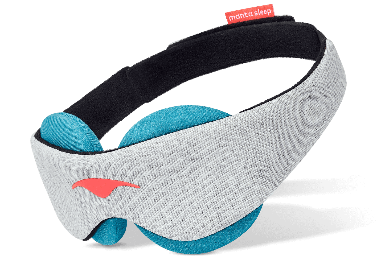 Three-quarter profile view of a grey Manta COOL Sleep Mask showing the soft blue-teal circular eye cups, isolated on white.