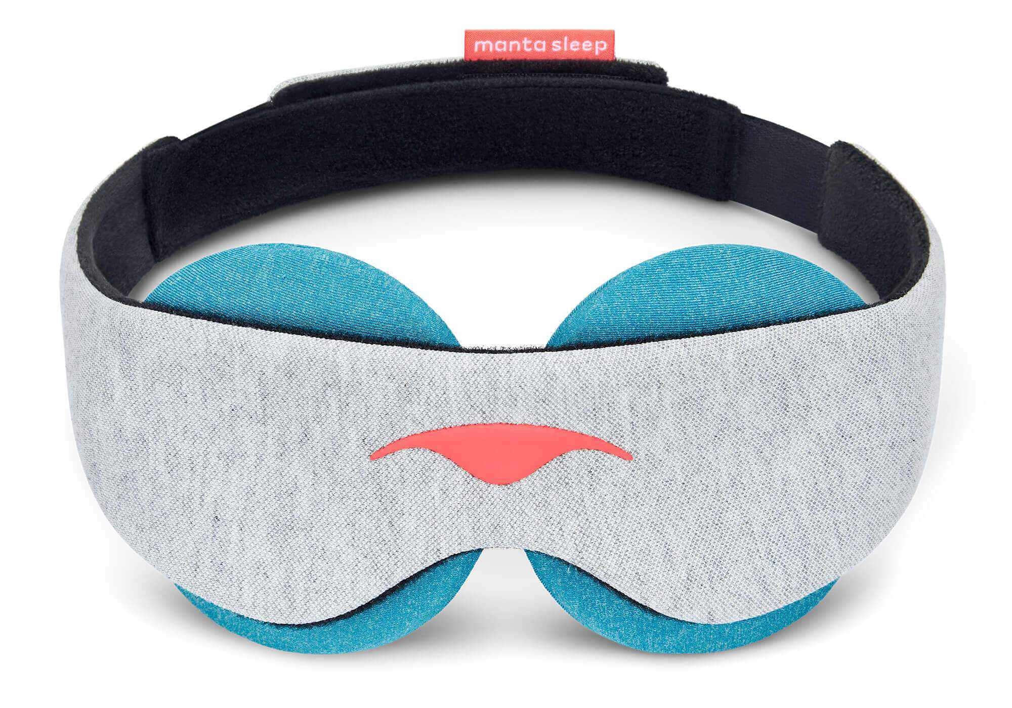 Front view of a light grey Manta COOL Sleep Mask featuring a coral central logo and thick blue-teal eye cups visible underneath, on white.
