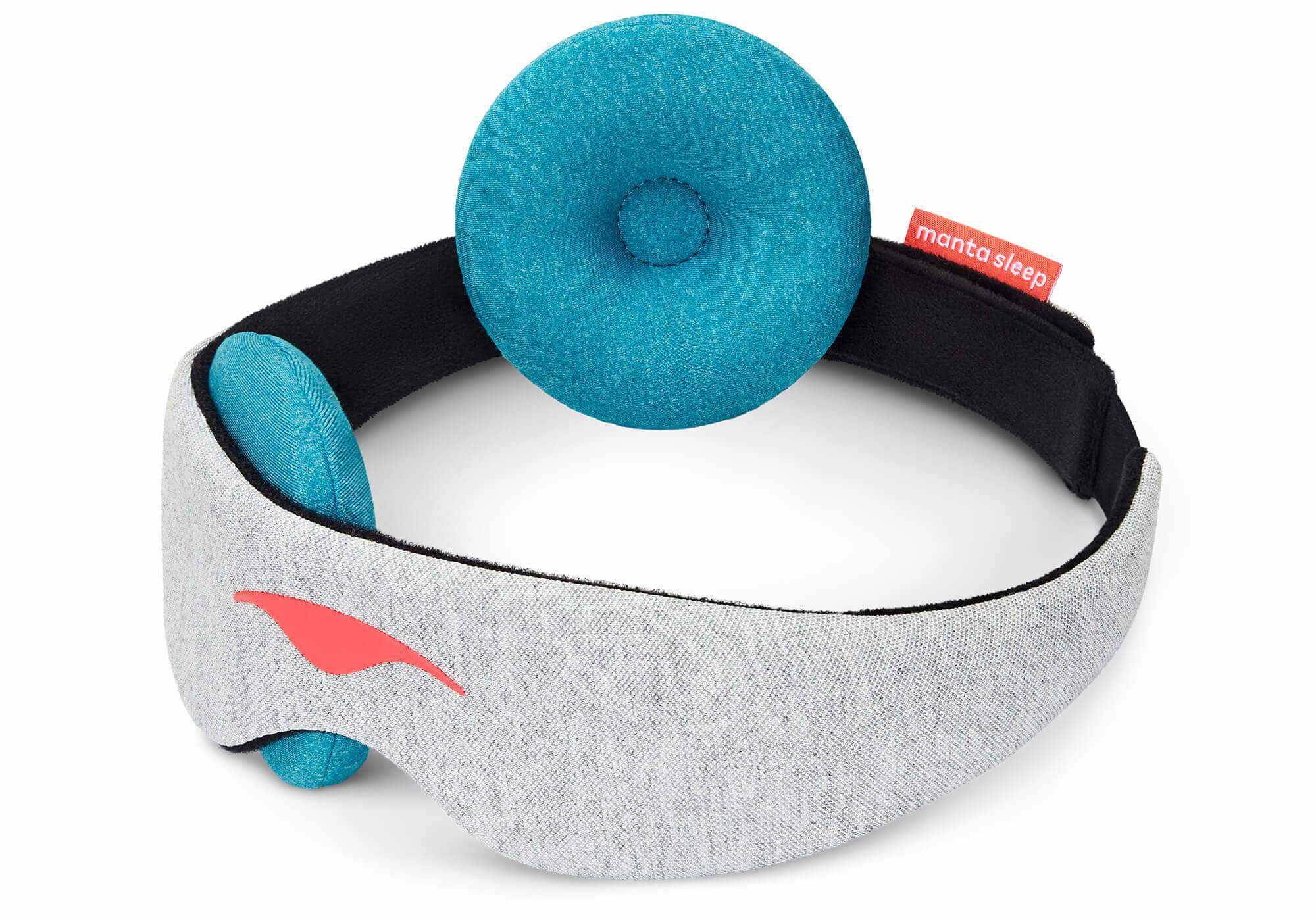 High-angle view of a grey Manta COOL Sleep Mask with a coral logo, highlighting its thick, adjustable blue-teal circular eye cups on white.