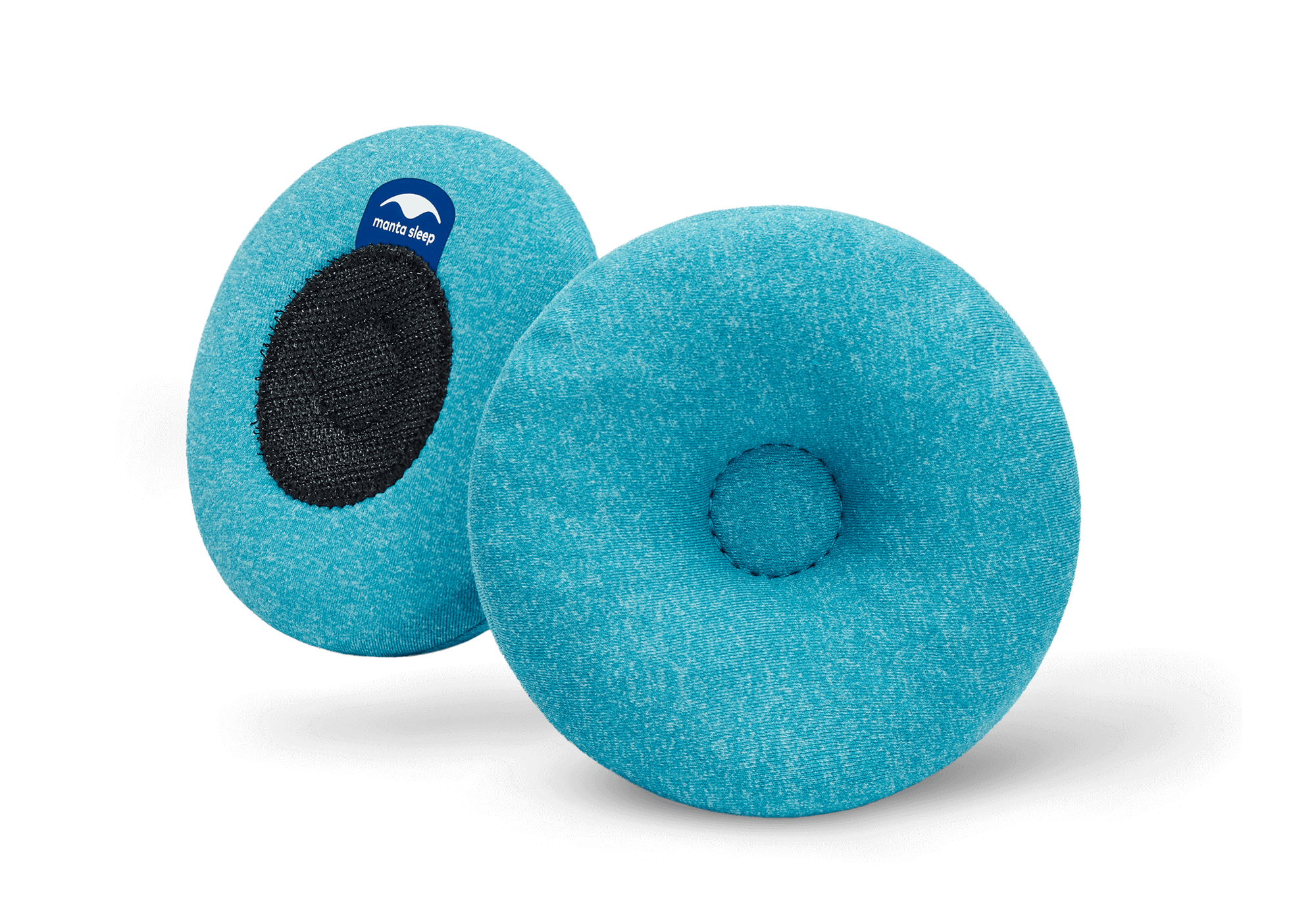 Pair of round blue-teal Manta COOL Eye Cups, showing both the indented front side and the black hook-and-loop back side on white.