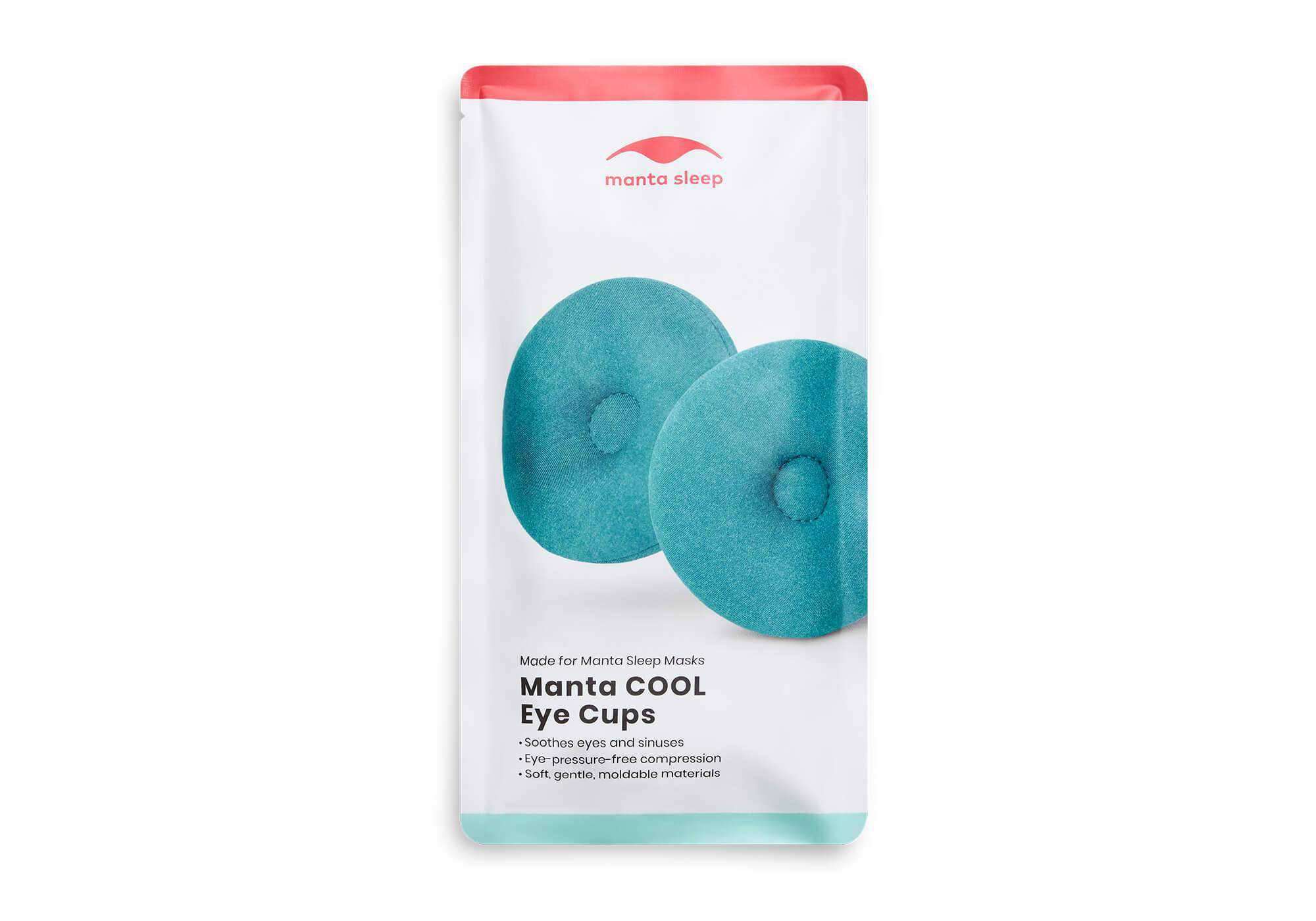 Product packaging for "Manta COOL Eye Cups" with a white and coral design, displaying a graphic of the two blue-teal circular eye cups.