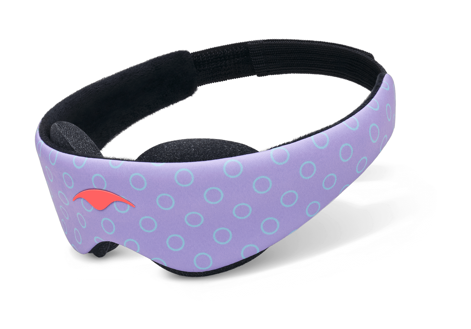 An angled product shot of the Manta KIDS Sleep Mask floating against a plain white surface. The exterior band displays a playful purple design with light blue circle outlines and a small orange emblem on the front left. The inner side reveals a soft black plush lining and a matching black elastic strap.