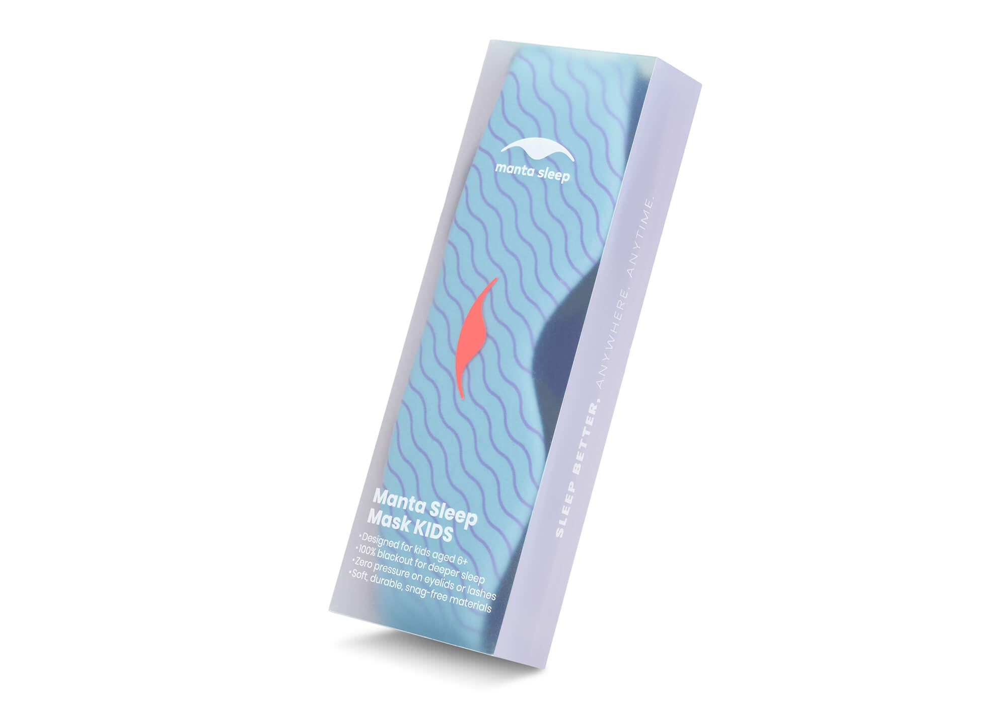 The retail box for the Manta Sleep Mask KIDS, displayed at an angle against a white background. The rectangular box features a light blue-to-lavender gradient with a clear window showing a light blue patterned mask inside. White text on the lower front panel highlights product details such as "Designed for kids aged 6+" and "100% blackout for deeper sleep."