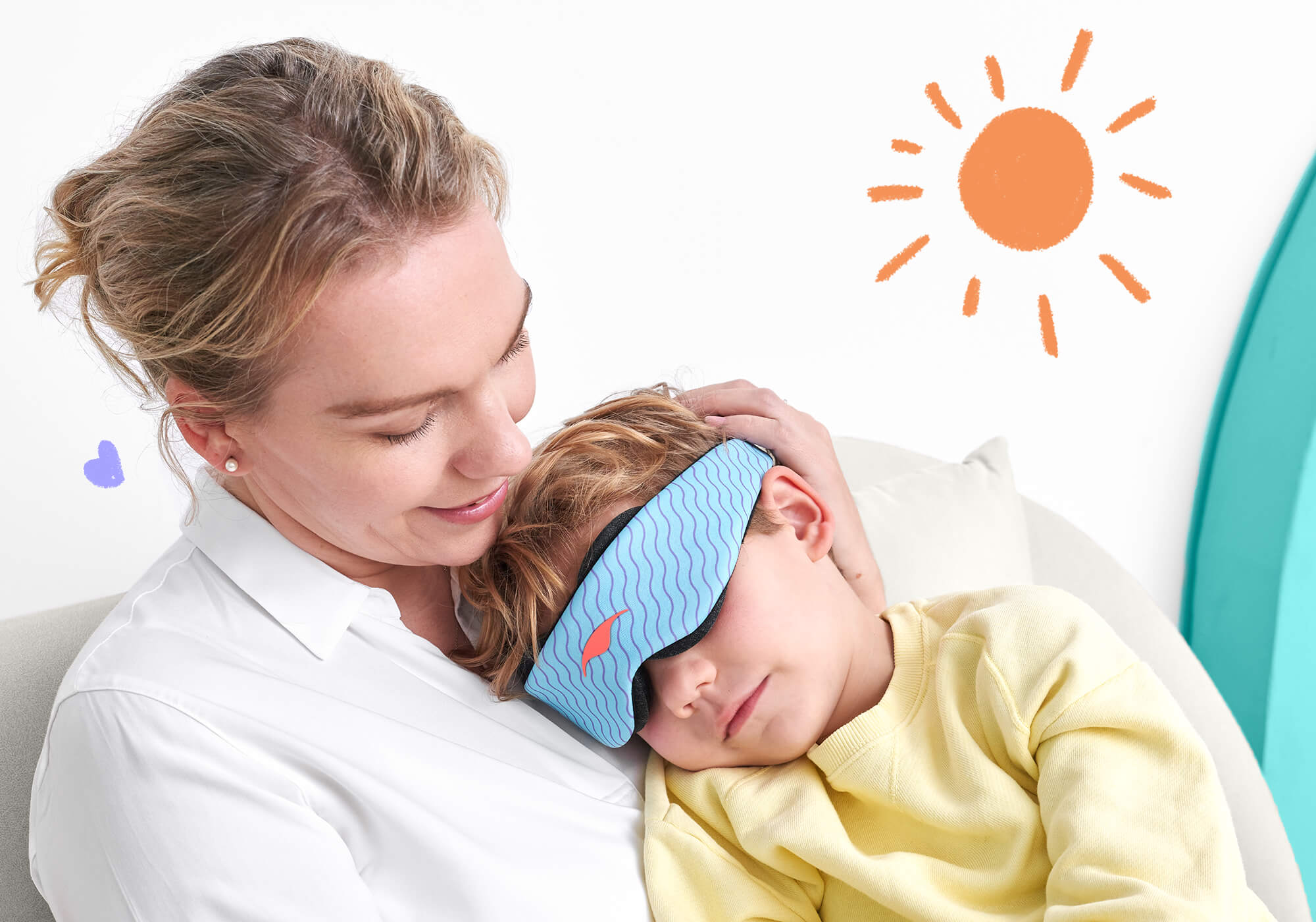An adult wearing a white collared shirt sits comfortably, looking down at a sleeping child resting their head in their lap. The child is wearing a light blue Manta KIDS Sleep Mask featuring a pattern of purple wavy lines. An orange sun doodle is drawn on the background wall.