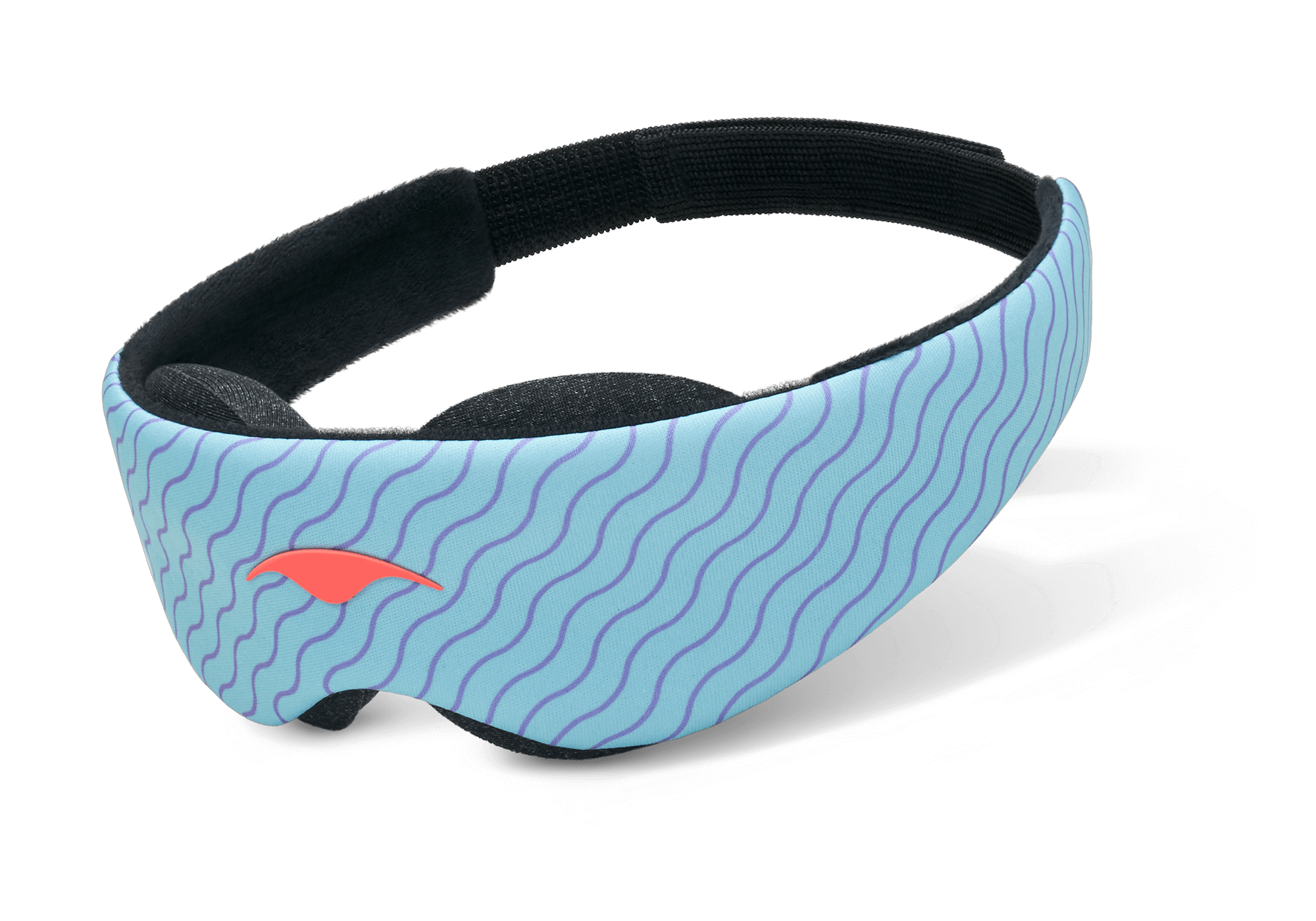 An angled product shot of the Manta KIDS Sleep Mask floating against a plain white surface. The exterior band displays a light blue design with thin purple wavy lines and a small orange emblem on the front left profile. The inner lining features soft black plush eye cups and a black elastic strap.