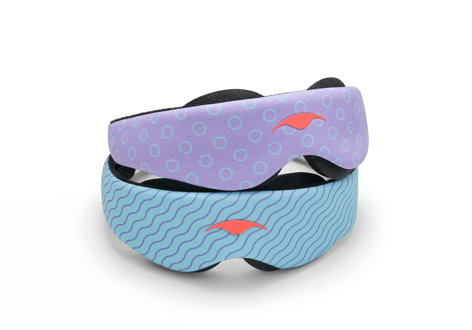 Two variants of the Manta KIDS Sleep Mask stacked on top of each other against a white background. The top mask displays a purple pattern with light blue circle outlines, while the bottom mask features a light blue pattern with dark blue wavy lines. Both masks are finished with a central orange Manta Sleep logo.