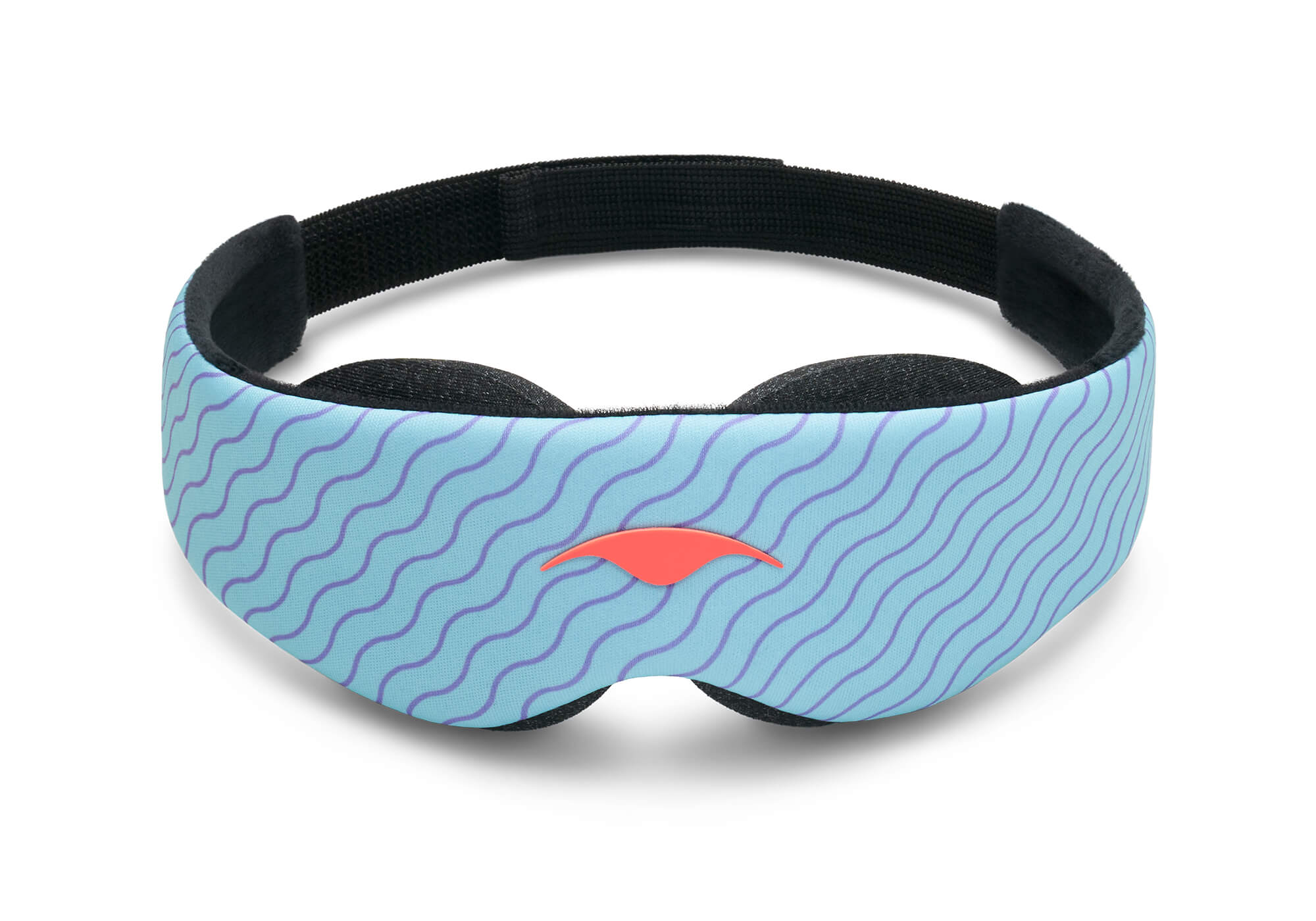 A front-facing product view of the Manta KIDS Sleep Mask standing vertically against a white background. The front panel features a light blue base covered in purple wavy horizontal lines, with a prominent orange Manta Sleep logo centered directly above the nose bridge cutout.